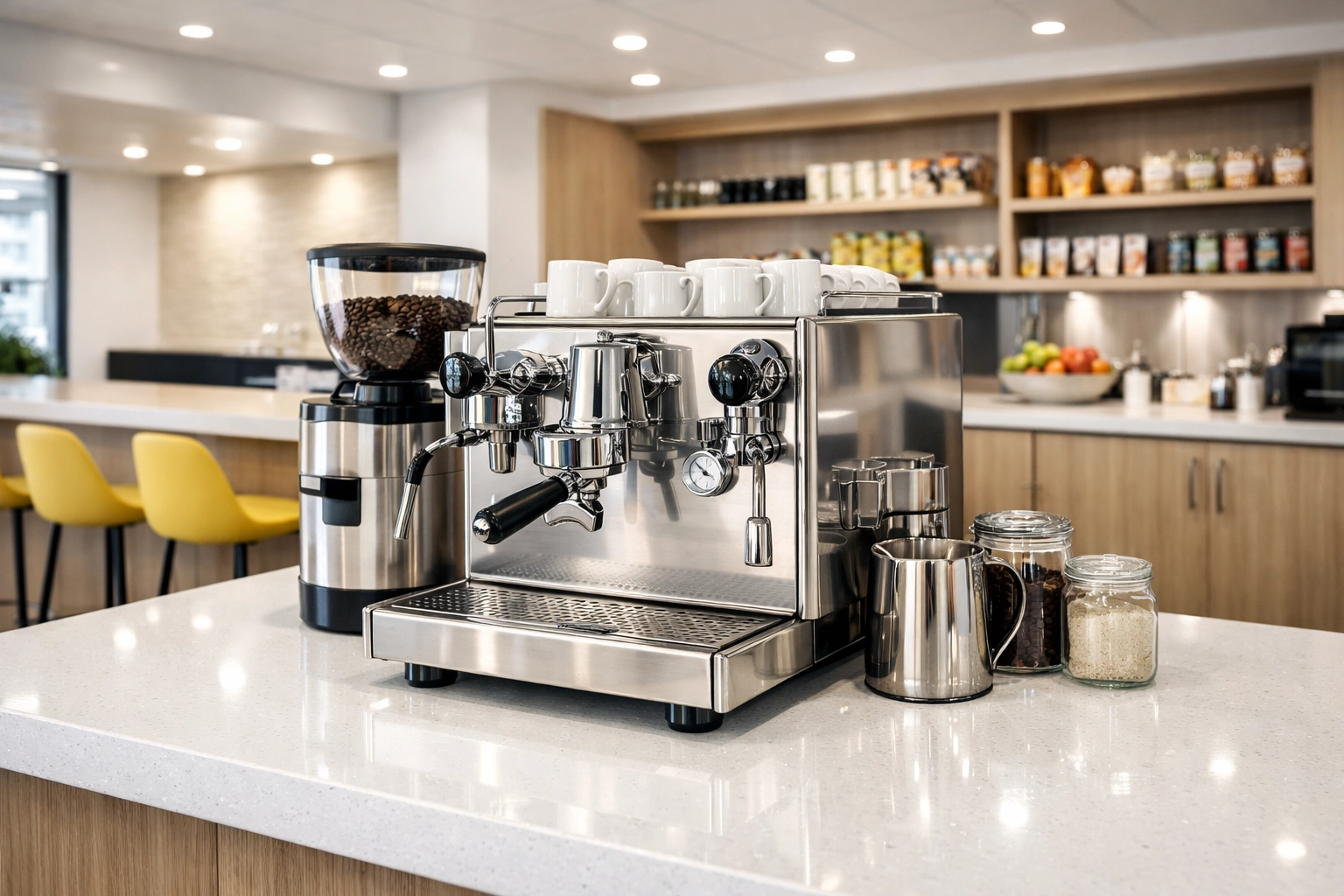 Spotless tech office breakroom featuring a clean espresso station and hygienic countertops.