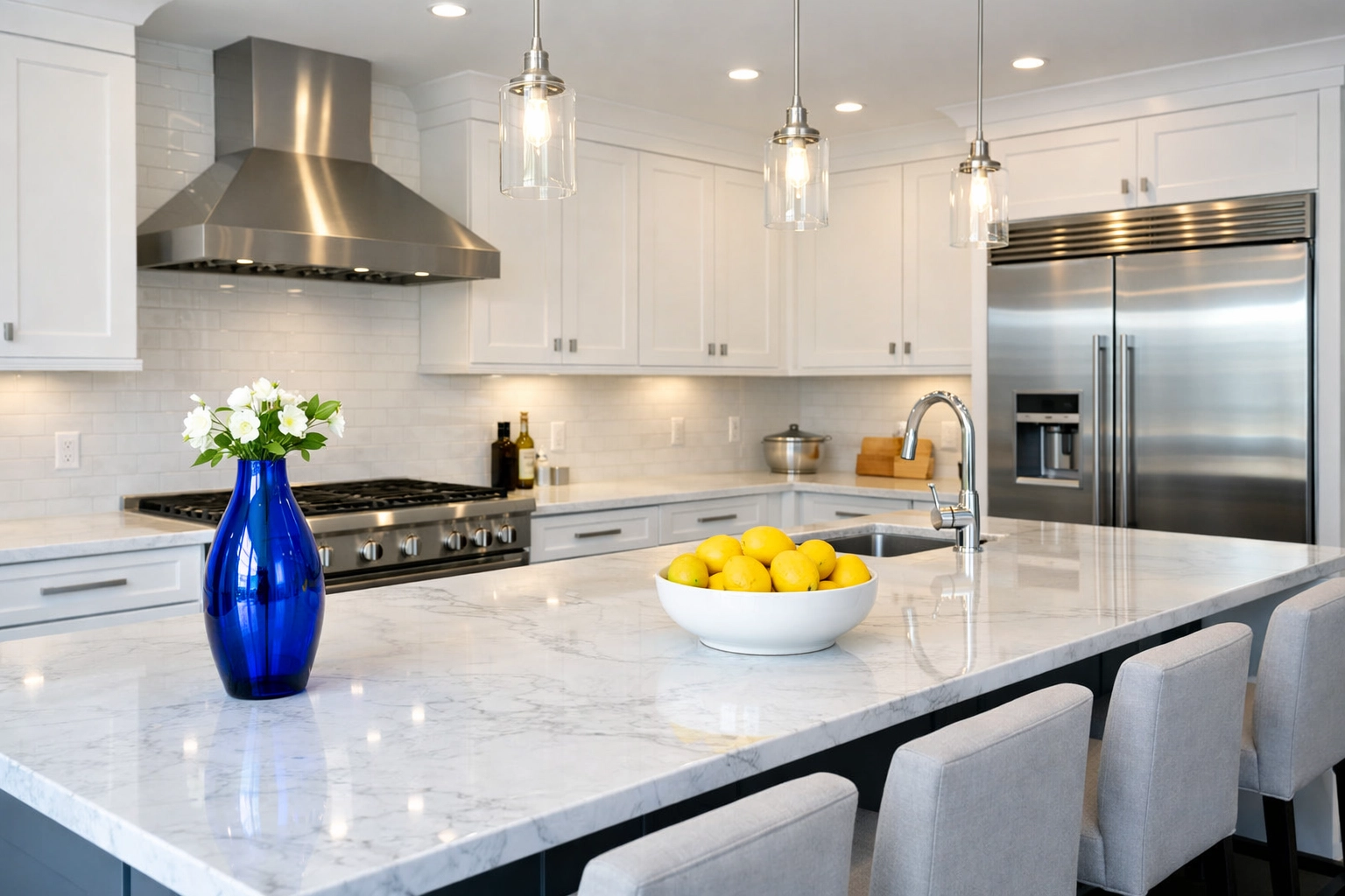 Modern kitchen with no construction dust after a professional deep cleaning service in Westborough.