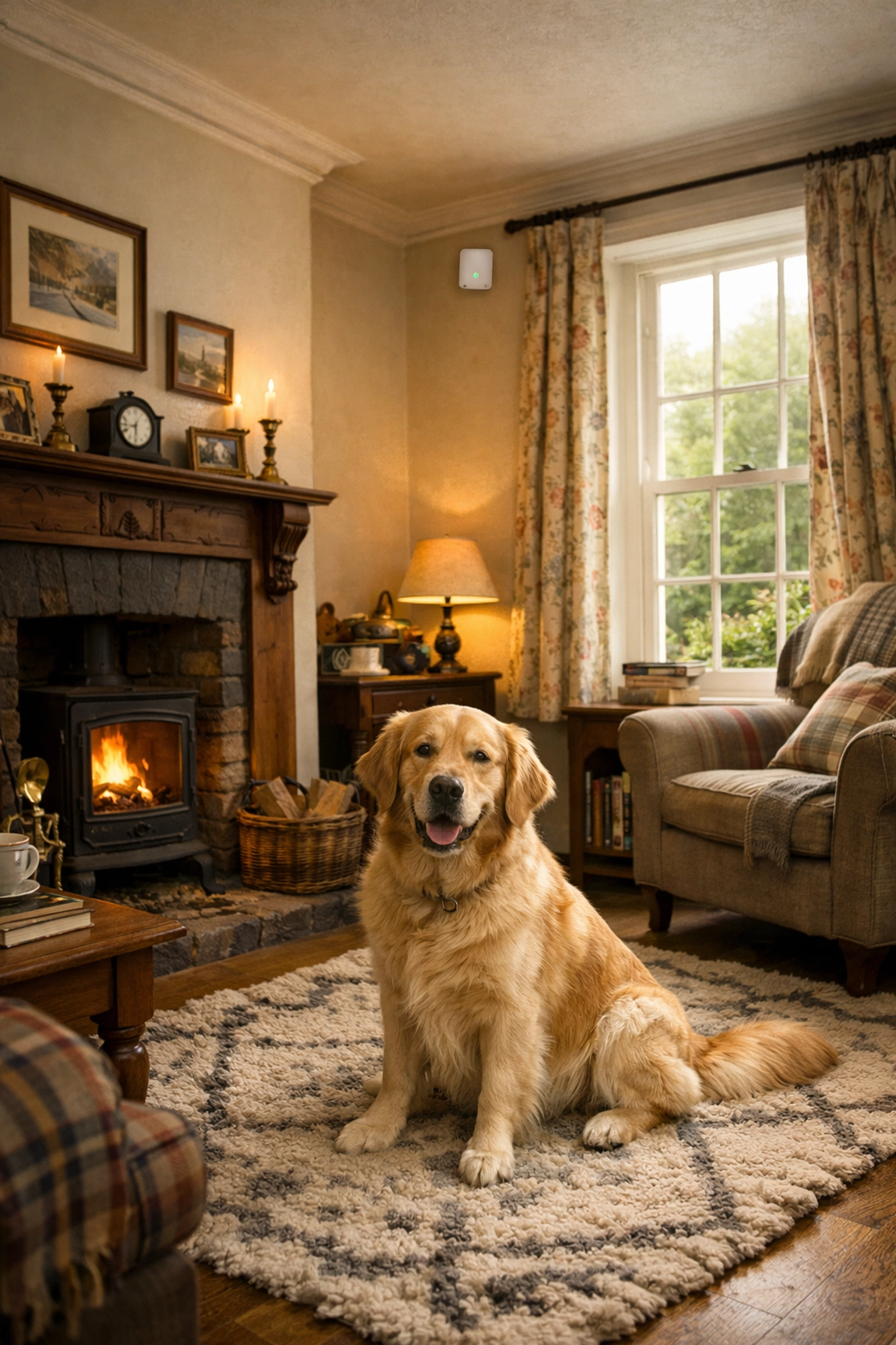Discreet pet-friendly PIR motion sensor installed in a cozy Chepstow living room with a dog.