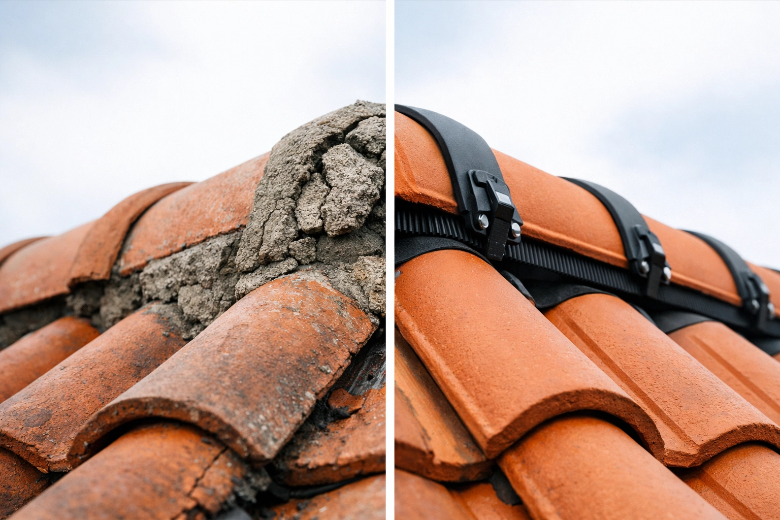 Comparison of crumbling mortar ridge vs new dry ridge system on Northern Ireland roof