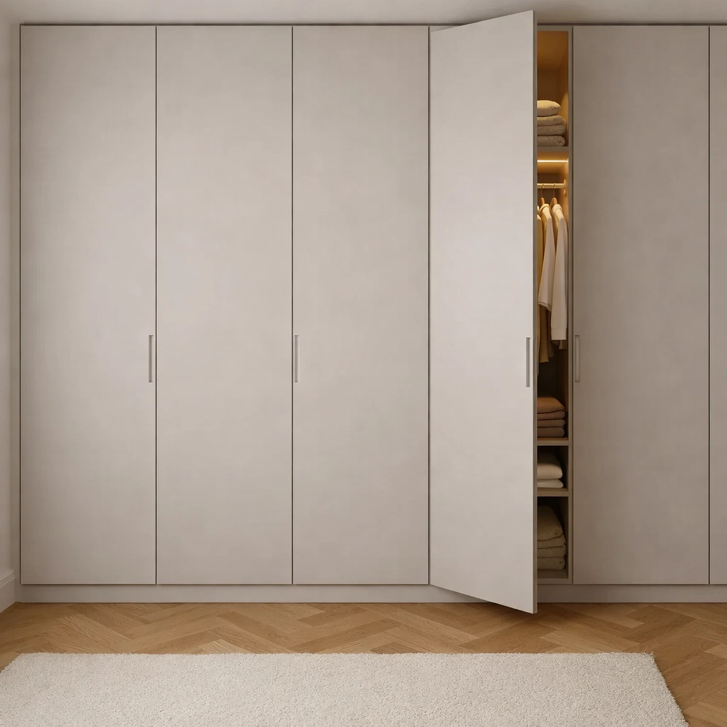 Bespoke bedroom storage and fitted wardrobes in a modern home with soft matte finishes and LED lighting.