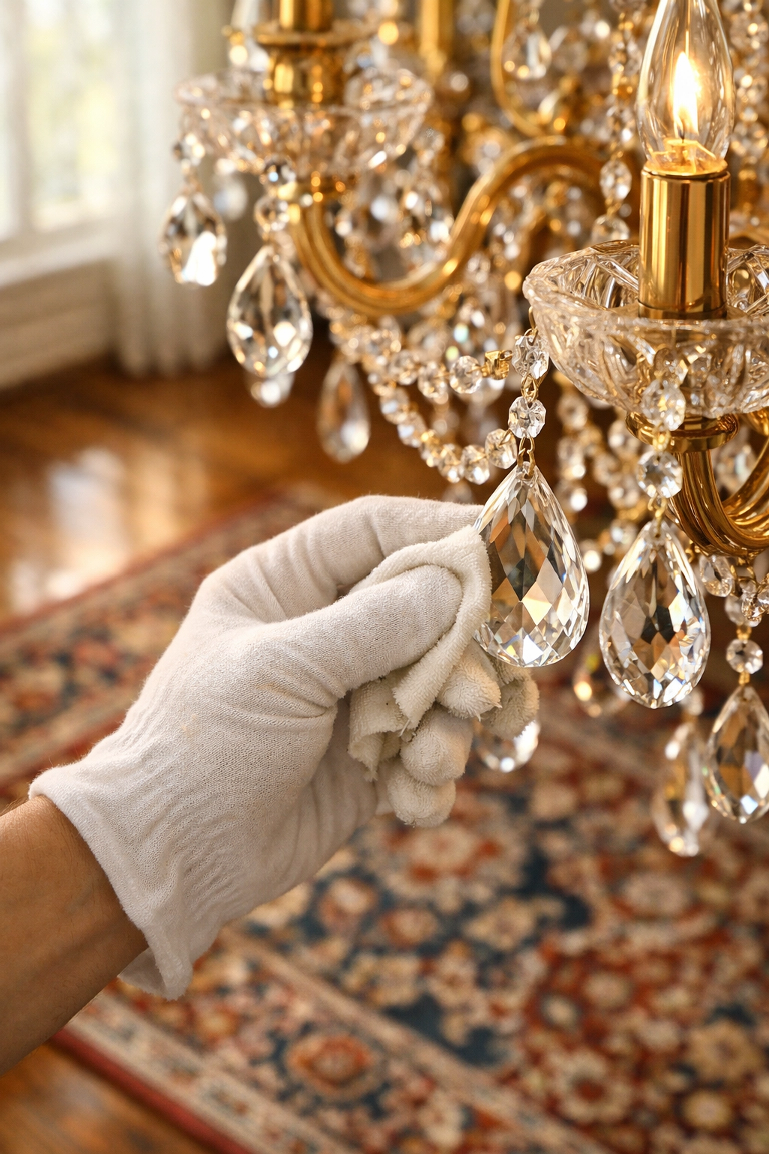 Professional chandelier detailing and Oriental rug cleaning in a high-end Westchester home.