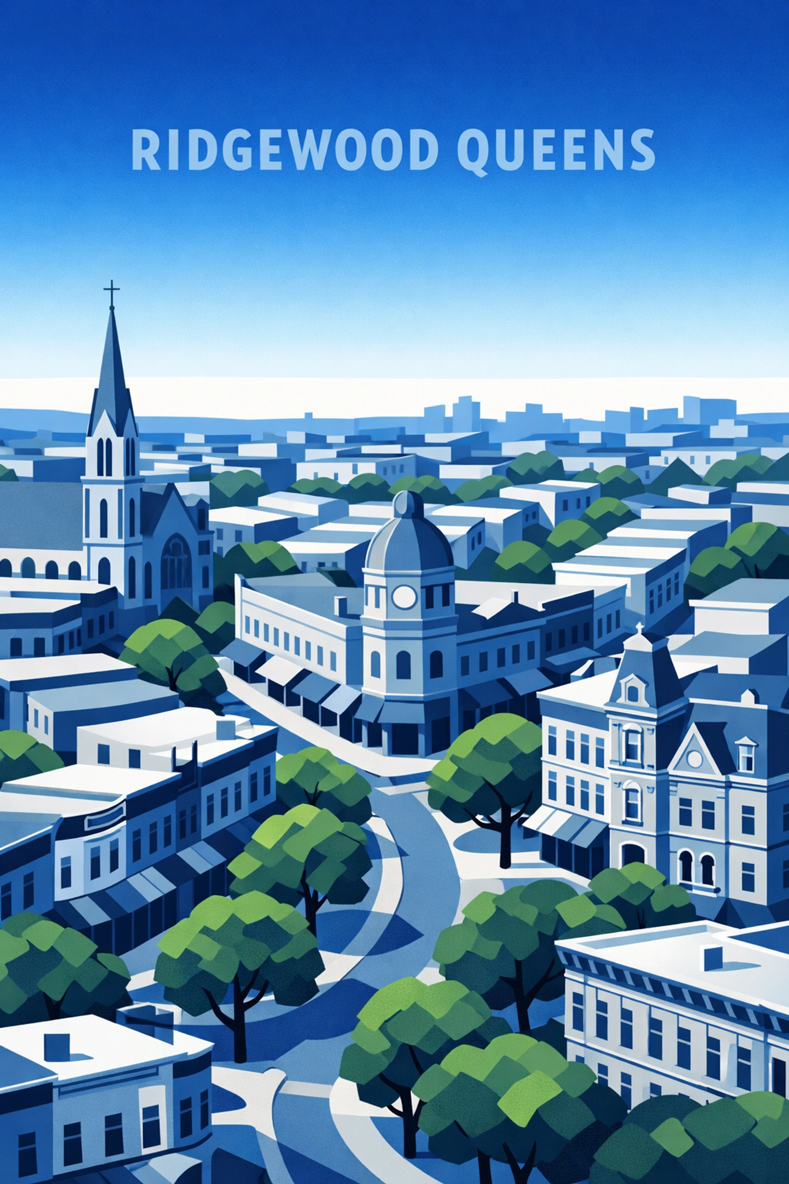 Aerial view of Ridgewood Queens neighborhood showcasing historic buildings and tree-lined streets