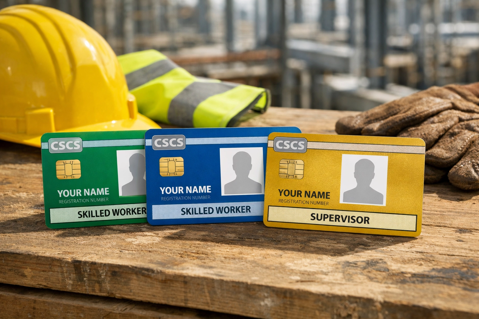 Different colored CSCS construction skills cards with hard hat and safety equipment for site access