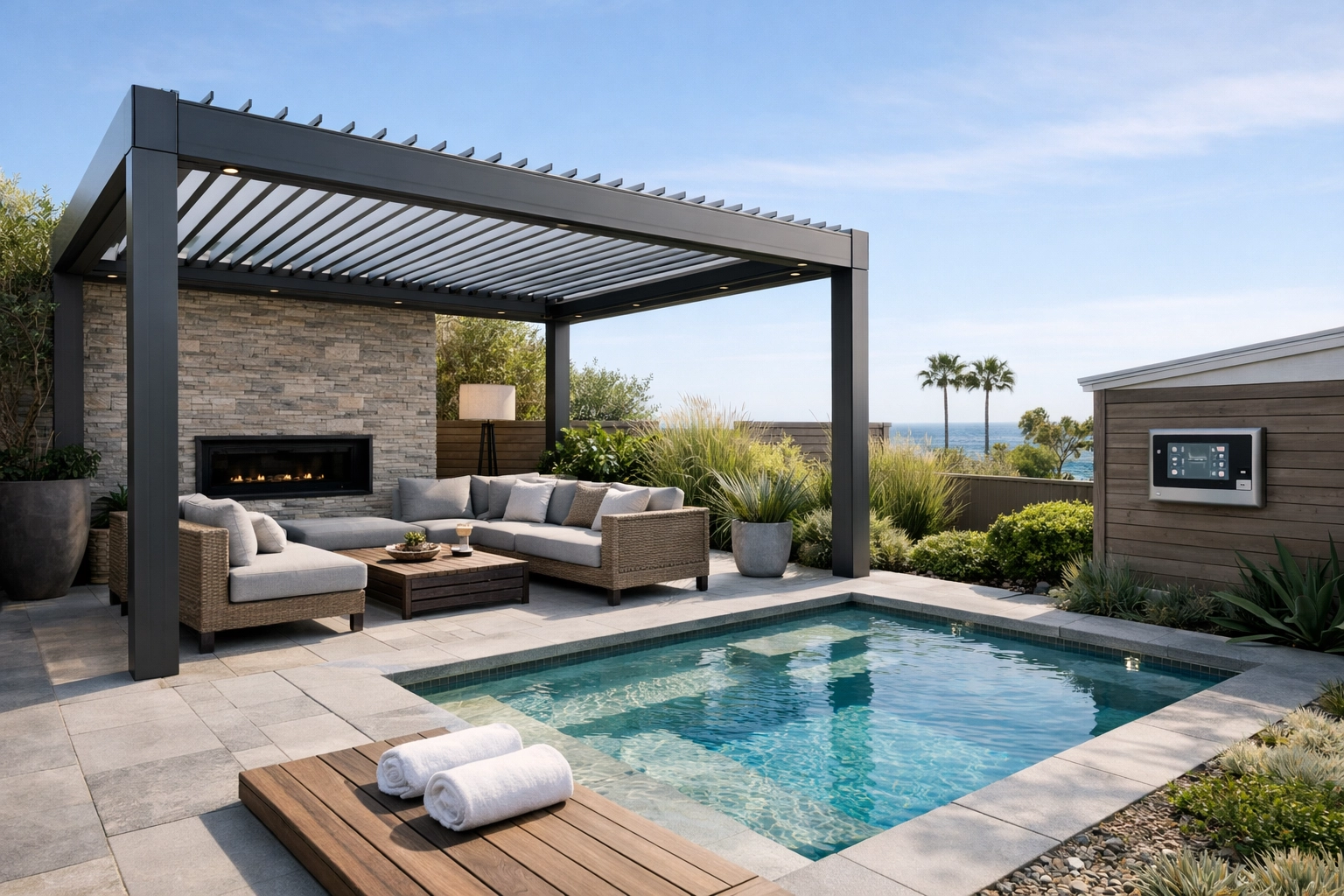 Modern outdoor living space with integrated louvre systems and a swim spa