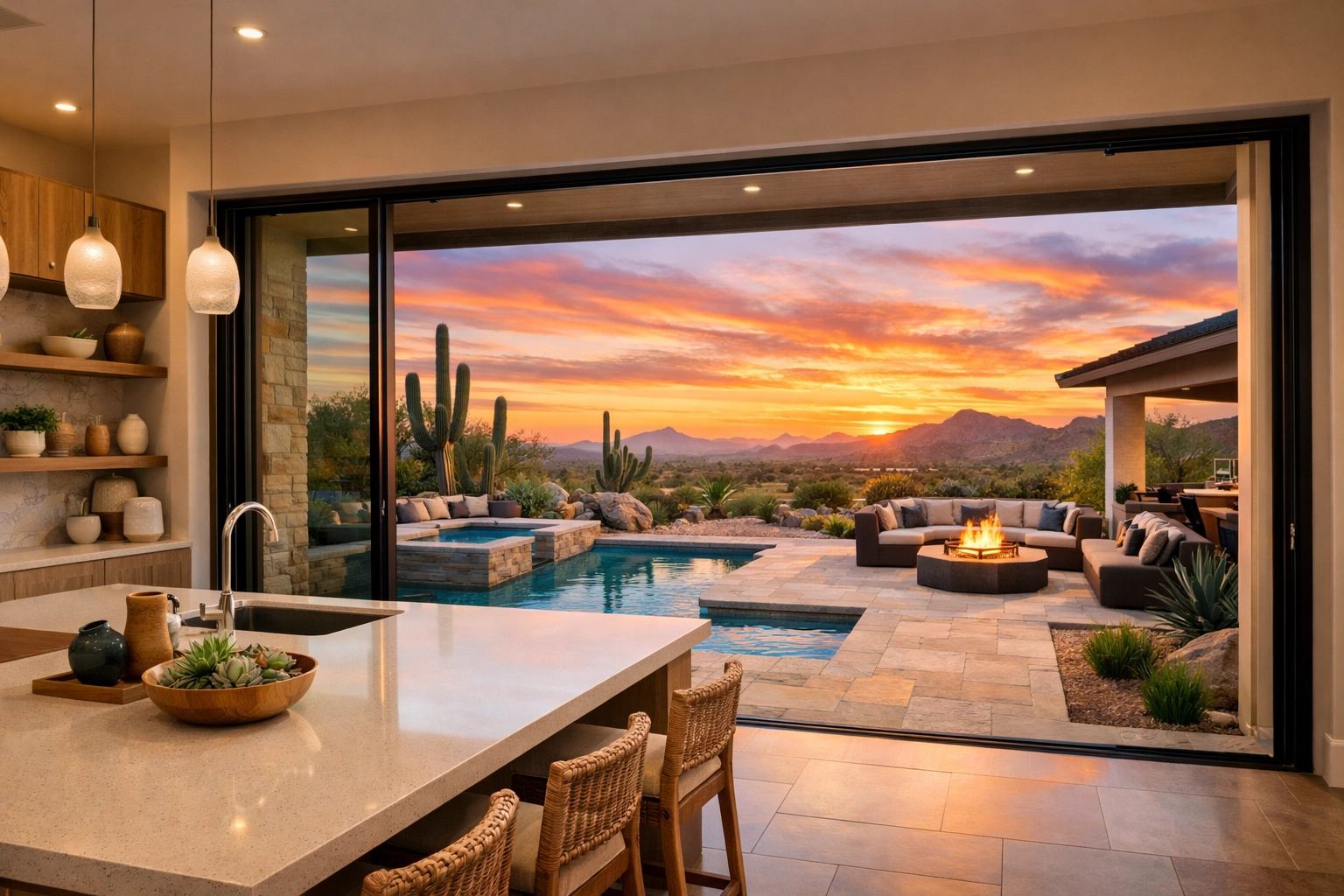Modern Arizona home with a bright kitchen and pool, showcasing goals for Phoenix area homebuyers.