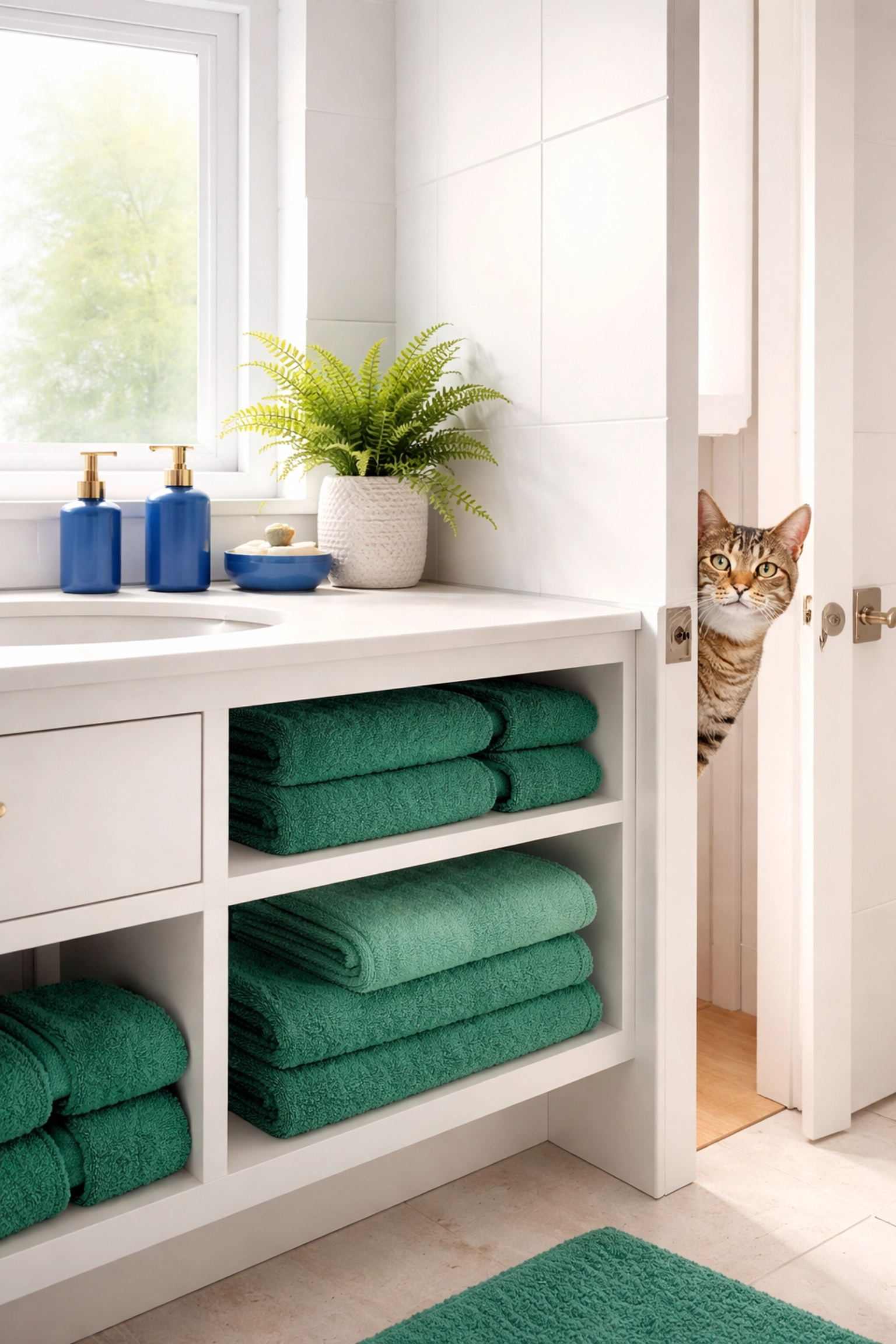 Modern bathroom with a tabby cat peeking out, folded towels, and organized pet-friendly storage for safe cleaning routines