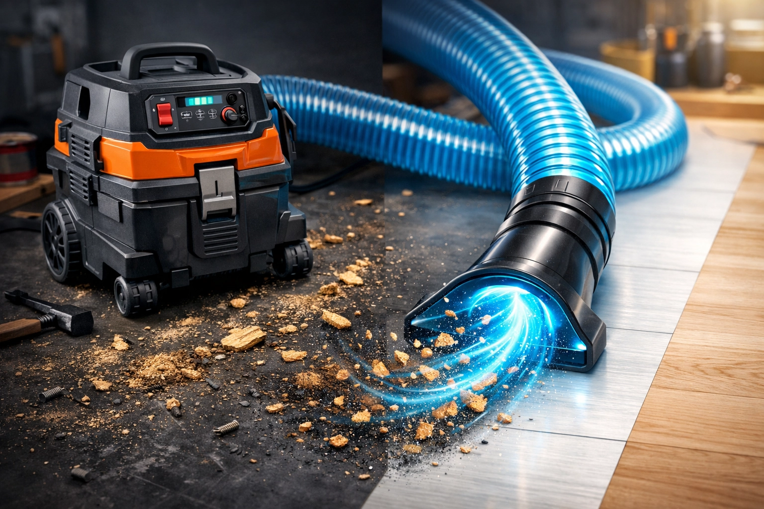 Industrial dust extractor clearing sawdust for a clean and safe construction marketplace worksite.