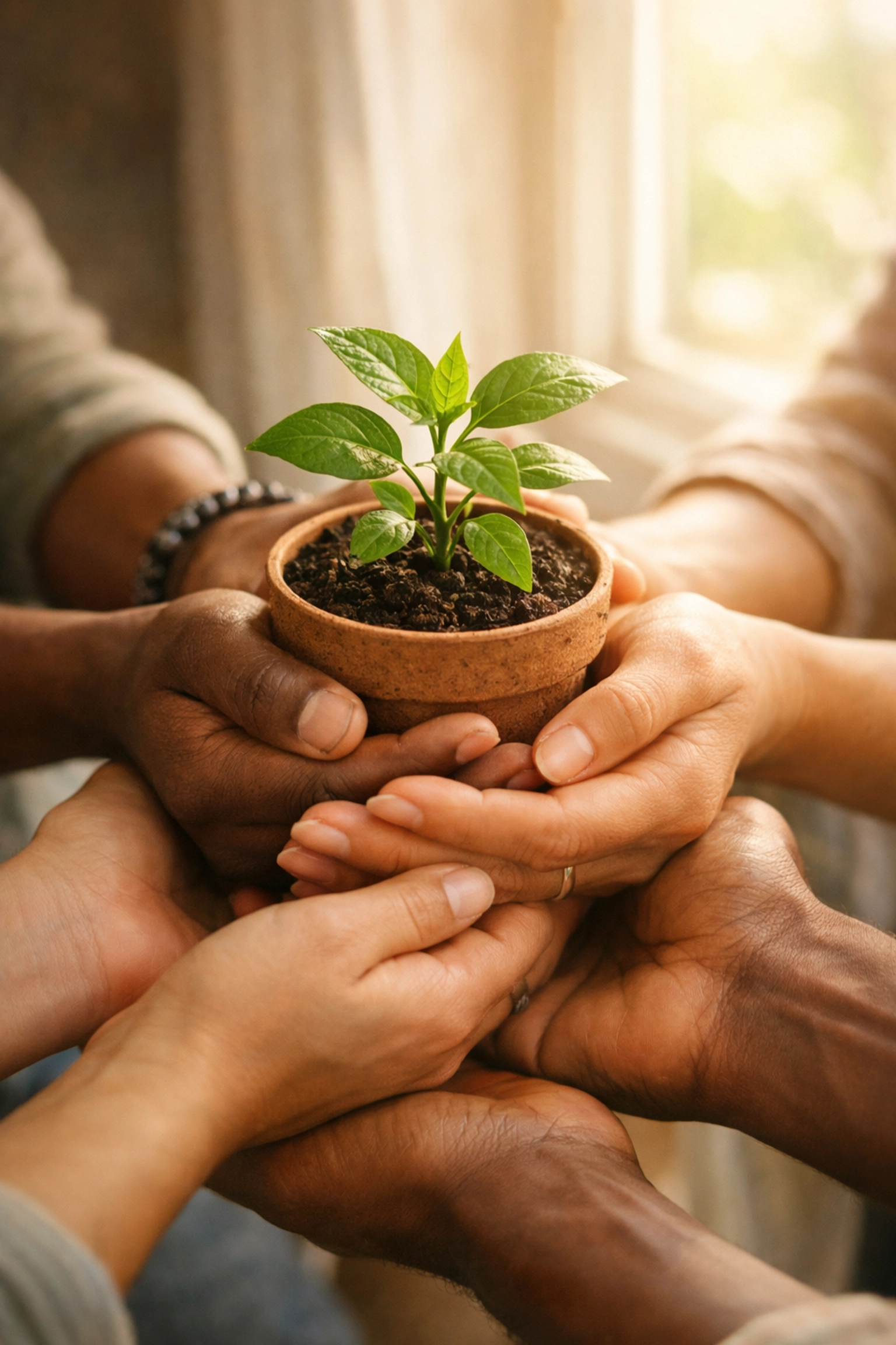 Hands holding plant symbolizing hope, kindness, and community care