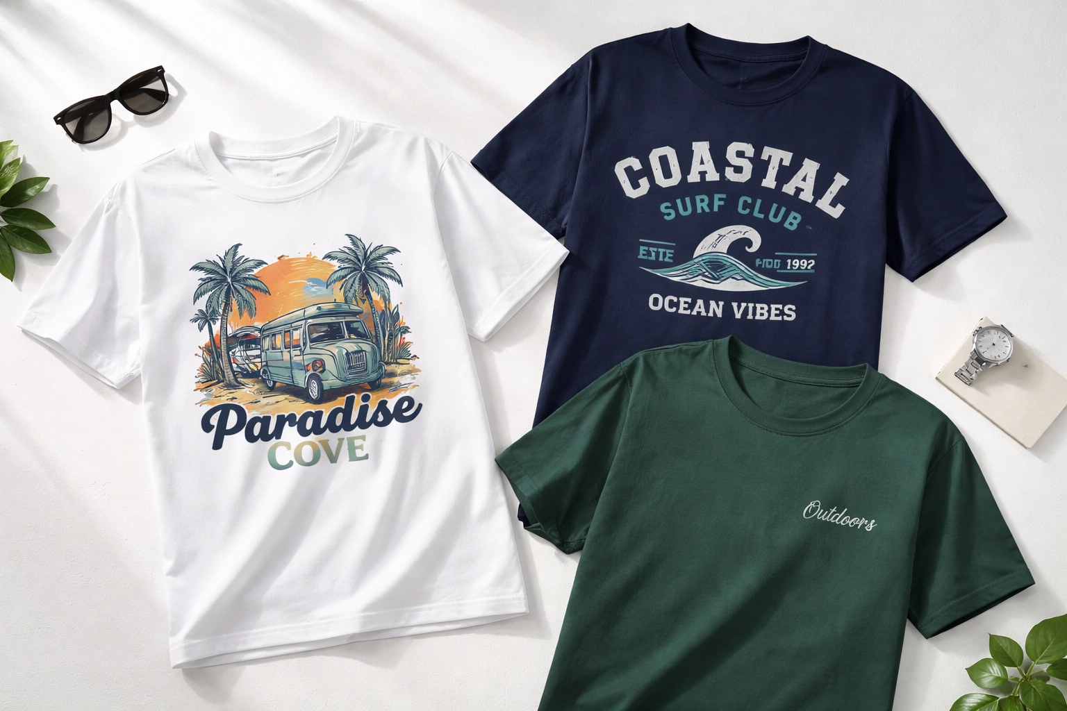 Flat lay of three custom t-shirts showcasing DTF printing, screen printing, and embroidery for Tampa businesses.