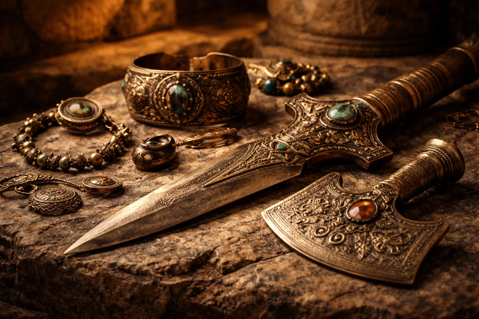 7 Ancient Kemet Innovations That Prove Black Excellence Has Always Been the Standard Ancient Egyptian bronze artifacts including dagger, axe, and jewelry, showcasing Kemet innovation and Black excellence.