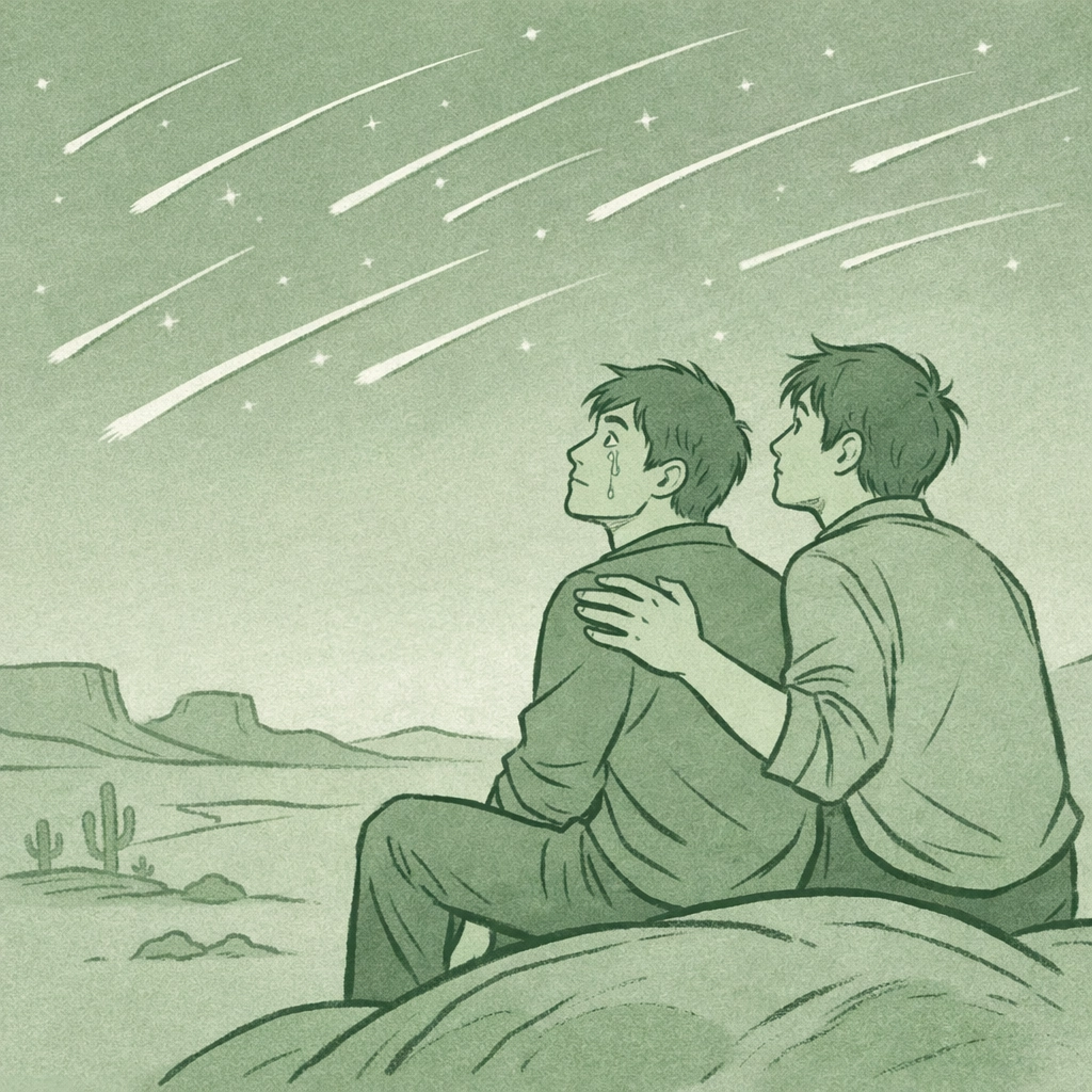 Gay couple watching meteor shower as divine answer to prayer - spiritual MM romance moment under stars