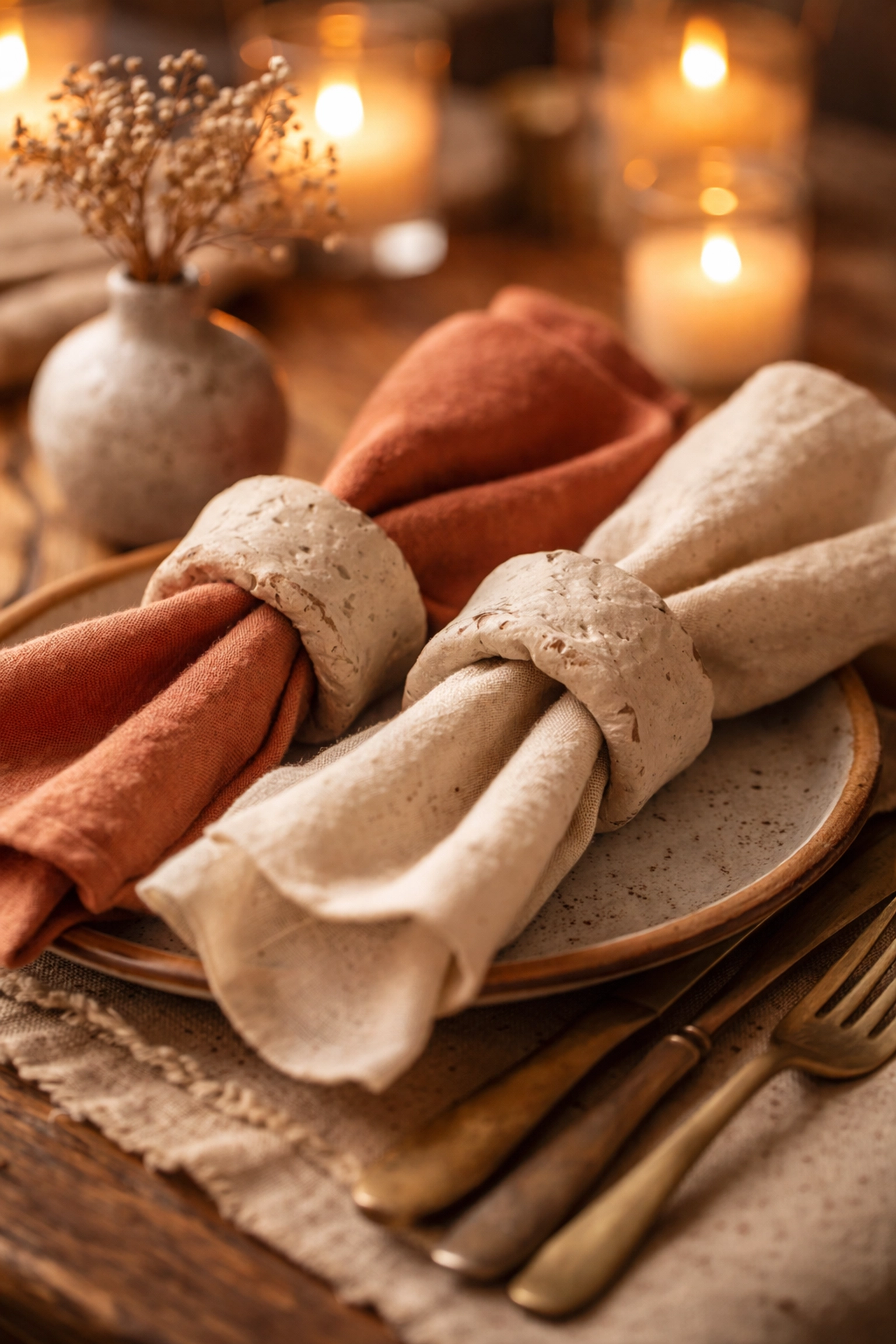 Close-up of artisan clay napkin rings and linen napkins on a warmly lit rustic dinner table, enhancing cozy gatherings