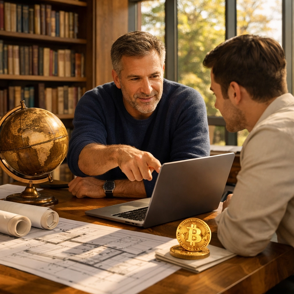 Asset managers discussing long-term investment strategies and digital asset integration for high-net-worth clients.