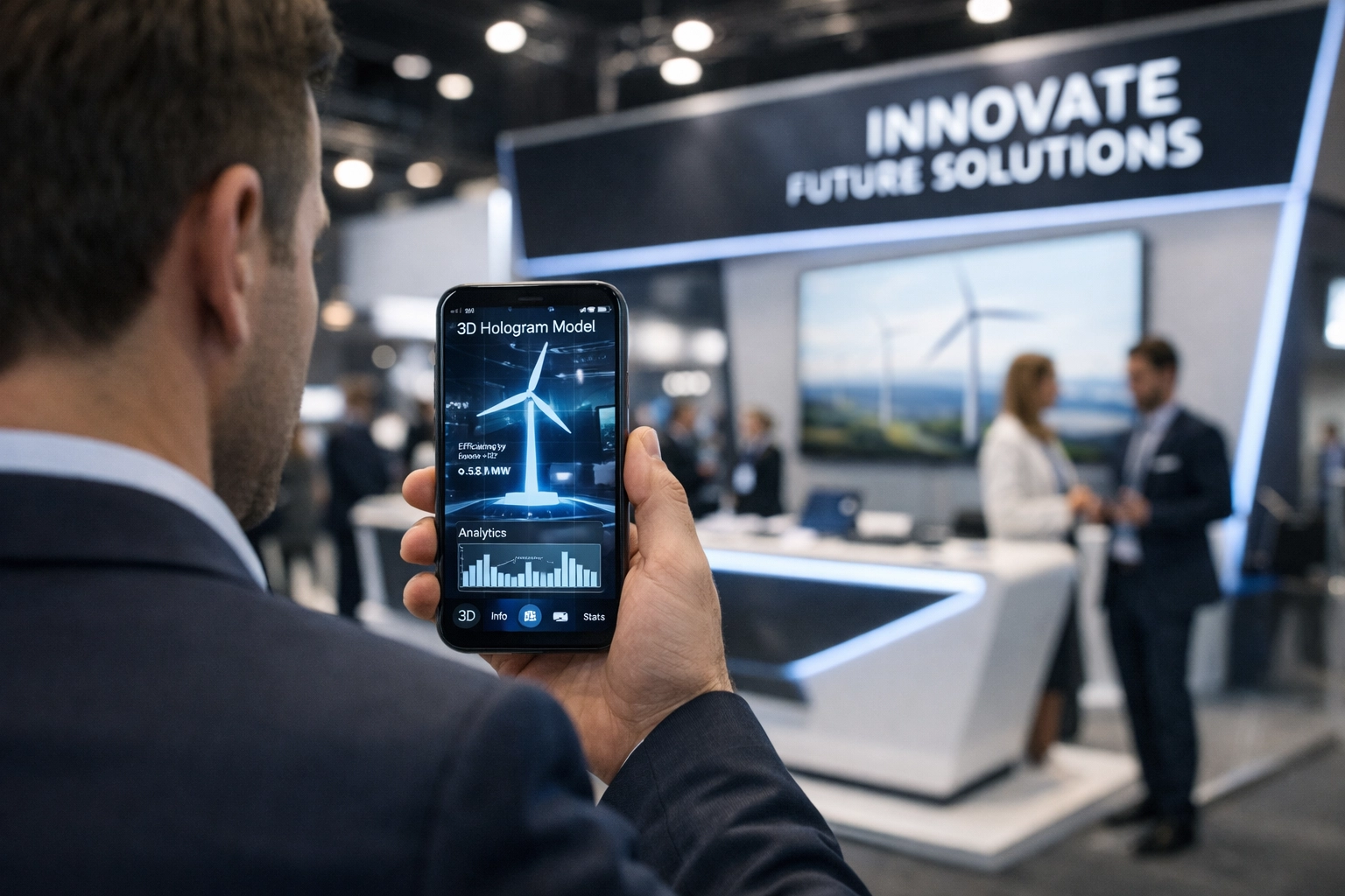 Attendee using an augmented reality scavenger hunt app at a modern exhibition booth.