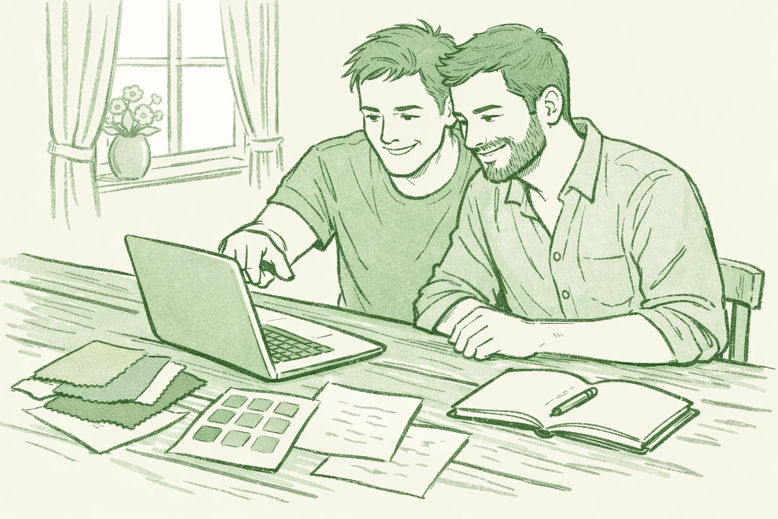 Two men planning their gay wedding together with fabric swatches and design materials