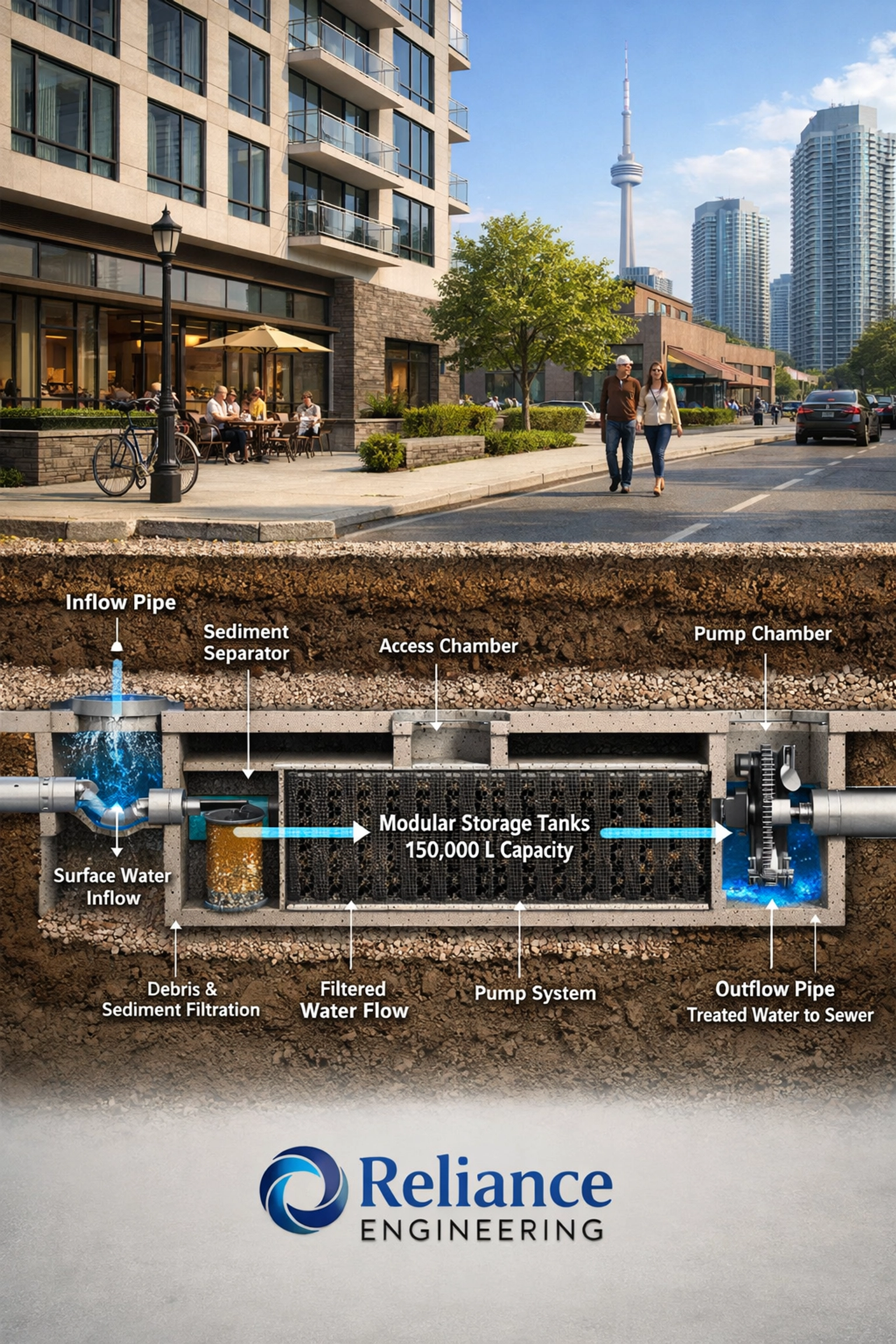 Underground stormwater management detention tank integrated into a modern Toronto urban development.
