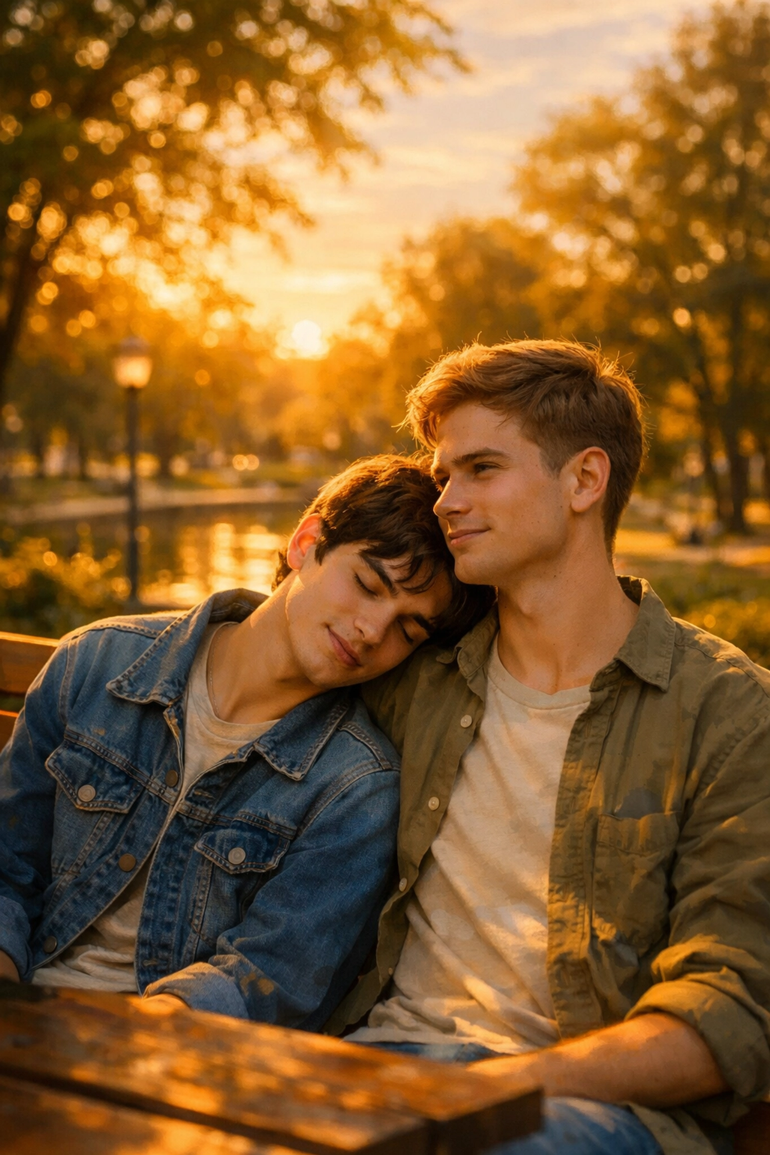 Two men sharing intimate moment on park bench representing gay first love and authentic connection