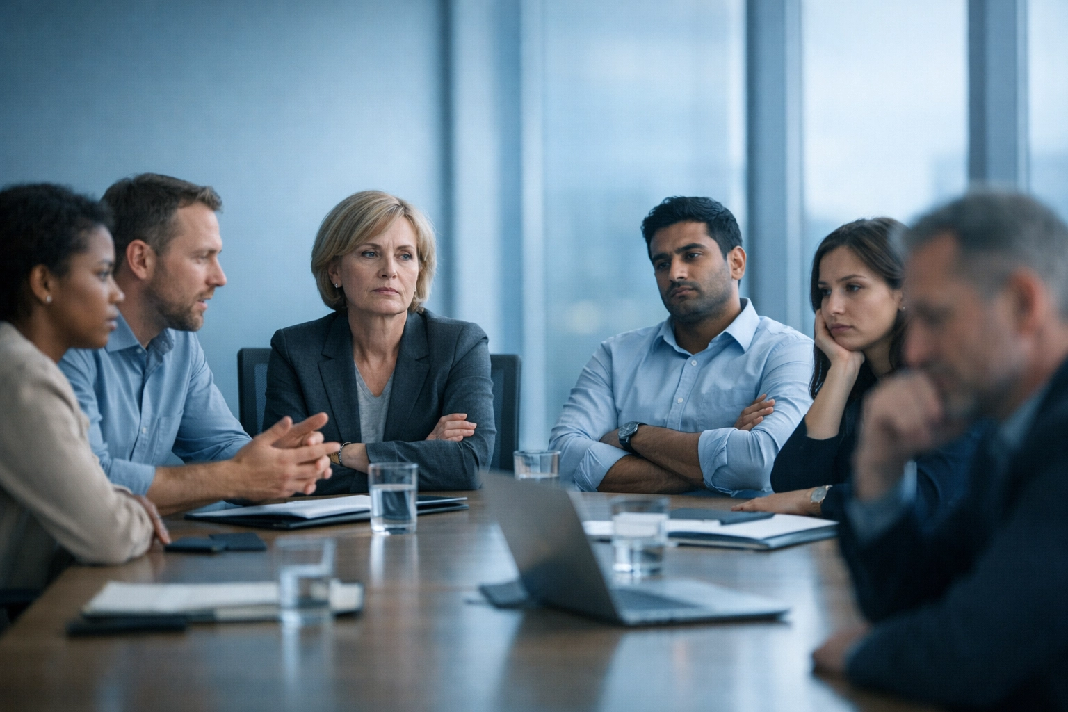 Team meeting showing engaged and disengaged employees experiencing quiet cracking burnout