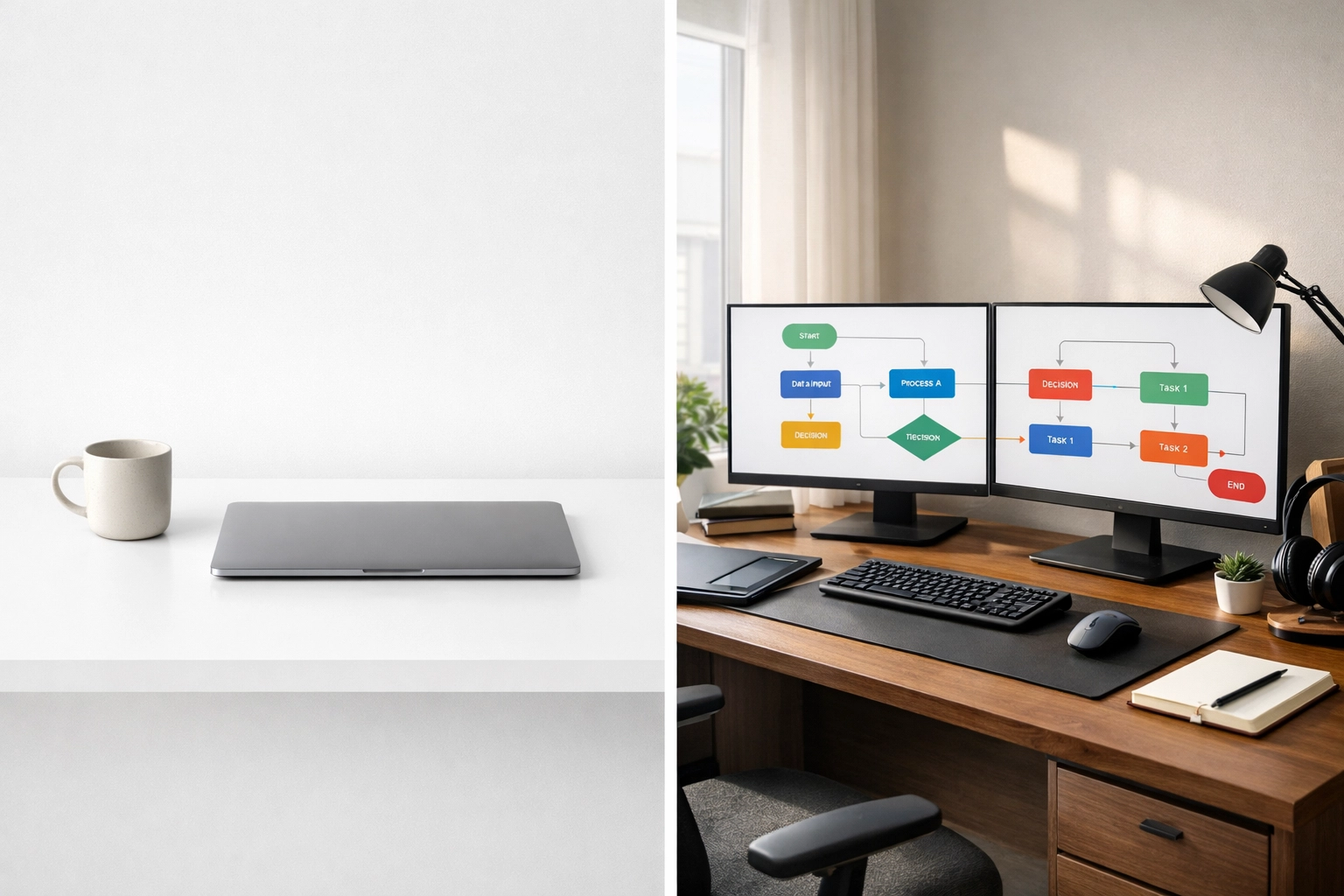 Side-by-side comparison of simple and complex sales pipeline automation workflows on office desks.