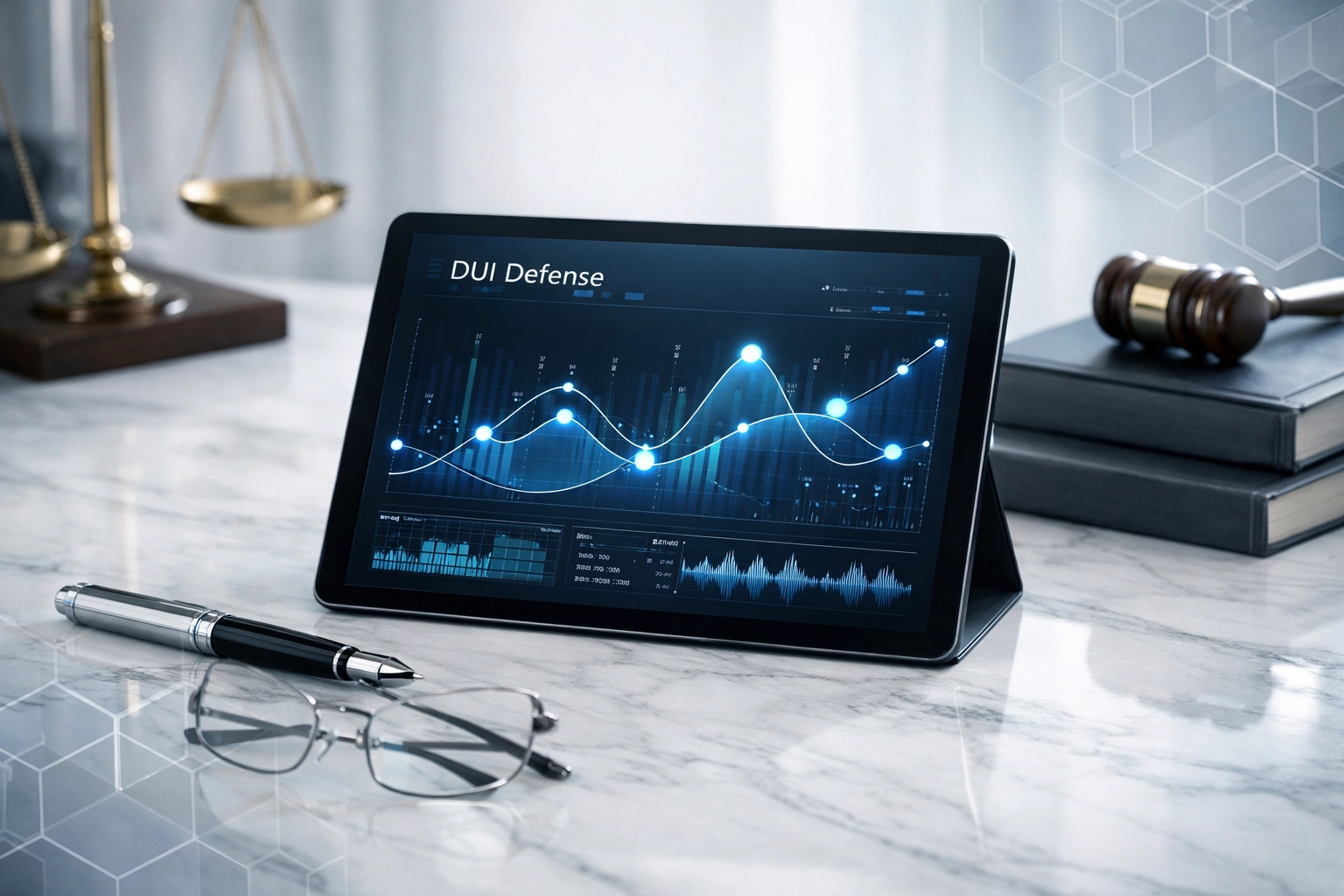 Professional legal workspace with a tablet analyzing DUI defense evidence and Hampton Roads court data.