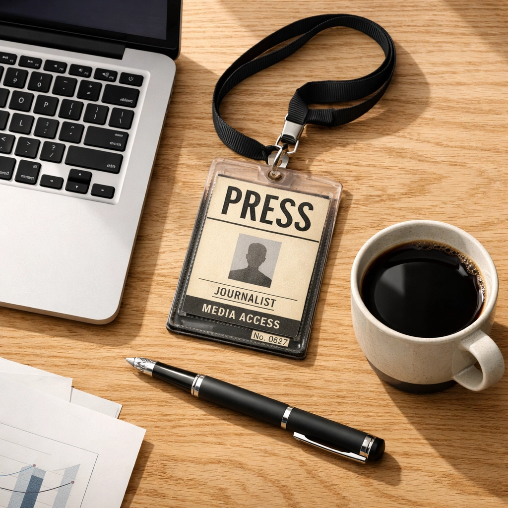 Professional desk with a press badge illustrating brand storytelling services and public relations for small business.
