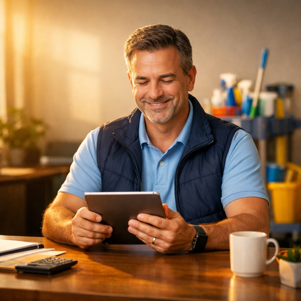 A cleaning business owner successfully securing janitorial business loans and contract funding via a digital tablet.