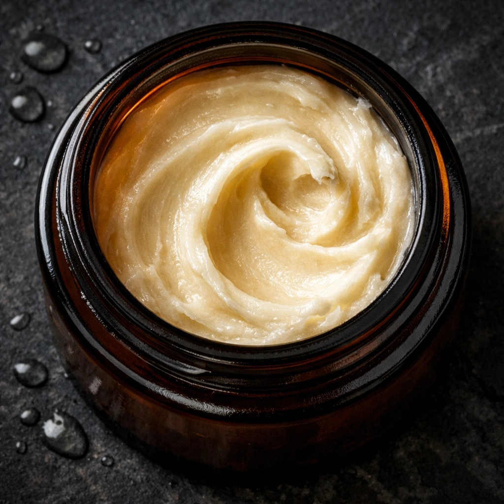 Smooth, whipped beard butter in an amber jar showcasing its creamy texture for deep conditioning.