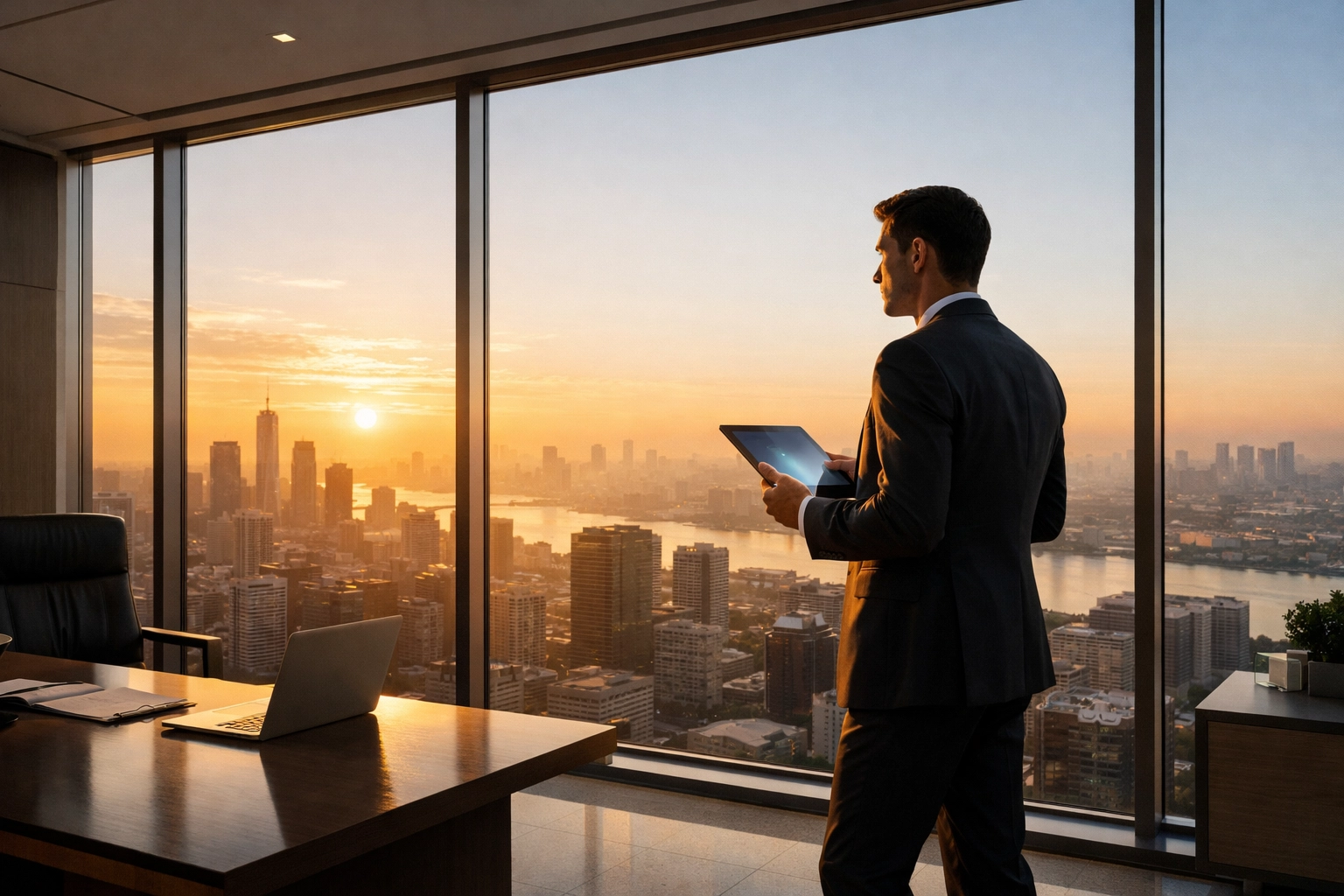 Corporate executive tracking post-Super Bowl campaign success from a high-rise office at sunrise.