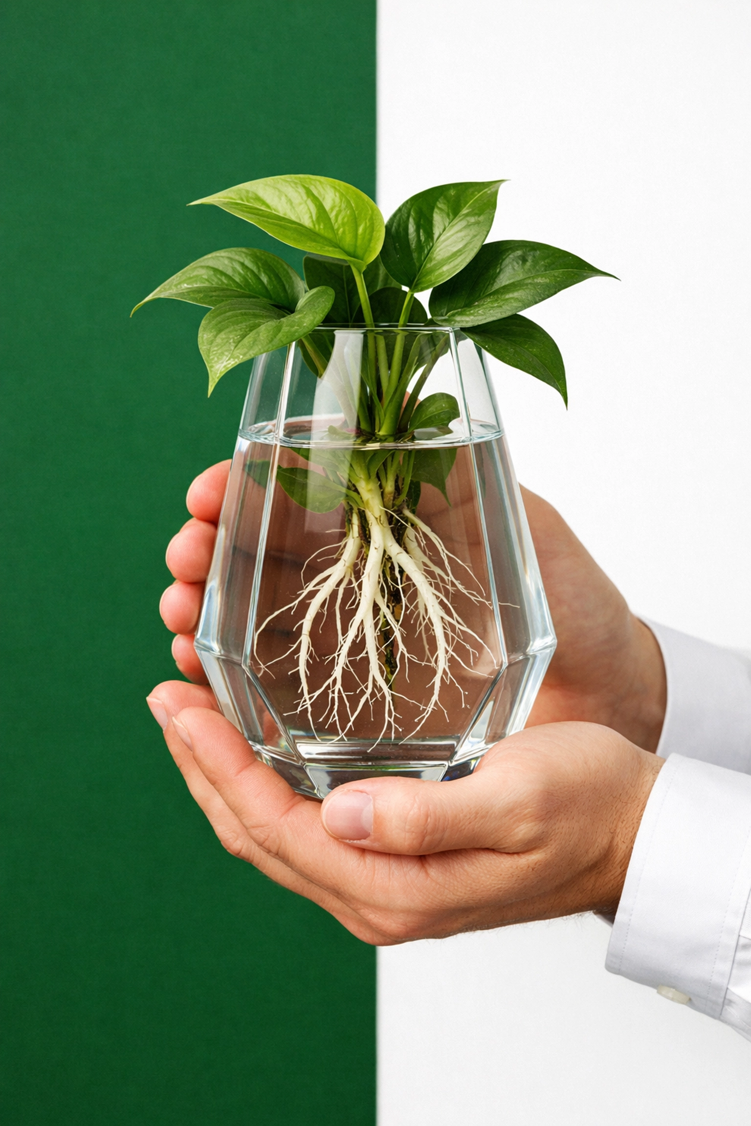 Hands holding a flourishing plant with strong roots, symbolizing leadership stewardship and team health.