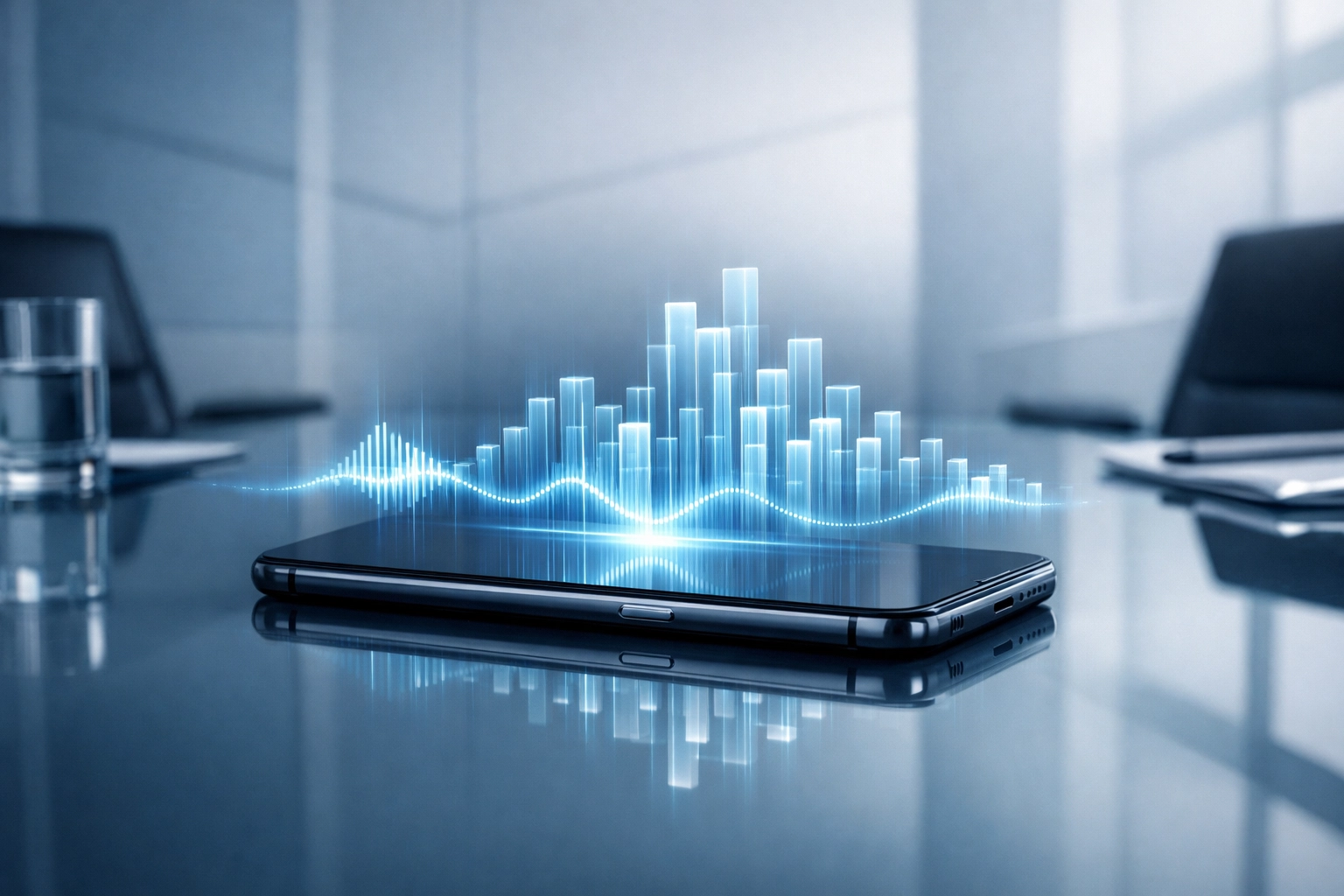 Smartphone on a boardroom table showing digital data blocks representing automated AI sales tracking and CRM updates.