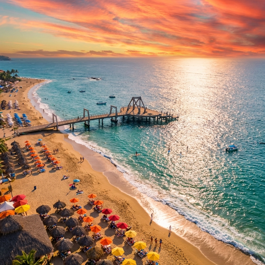 Aerial view of Los Muertos Beach in Puerto Vallarta with golden sand, umbrellas, and iconic modern pier at sunset.