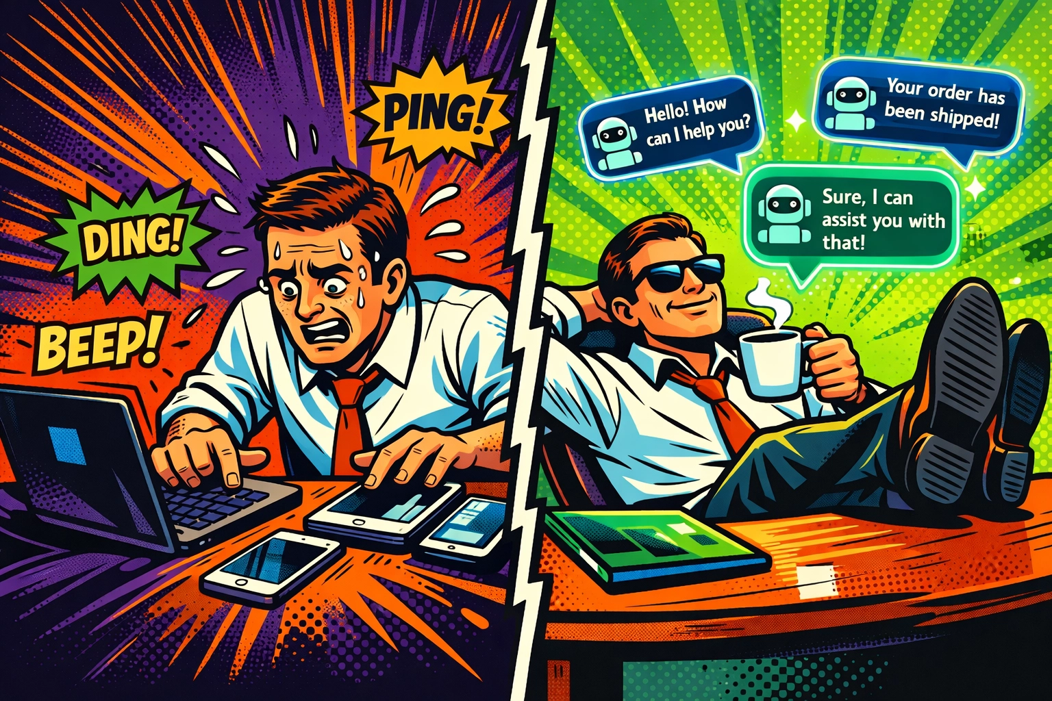 Before and after comparison: manual customer support vs AI automated support with virtual assistant