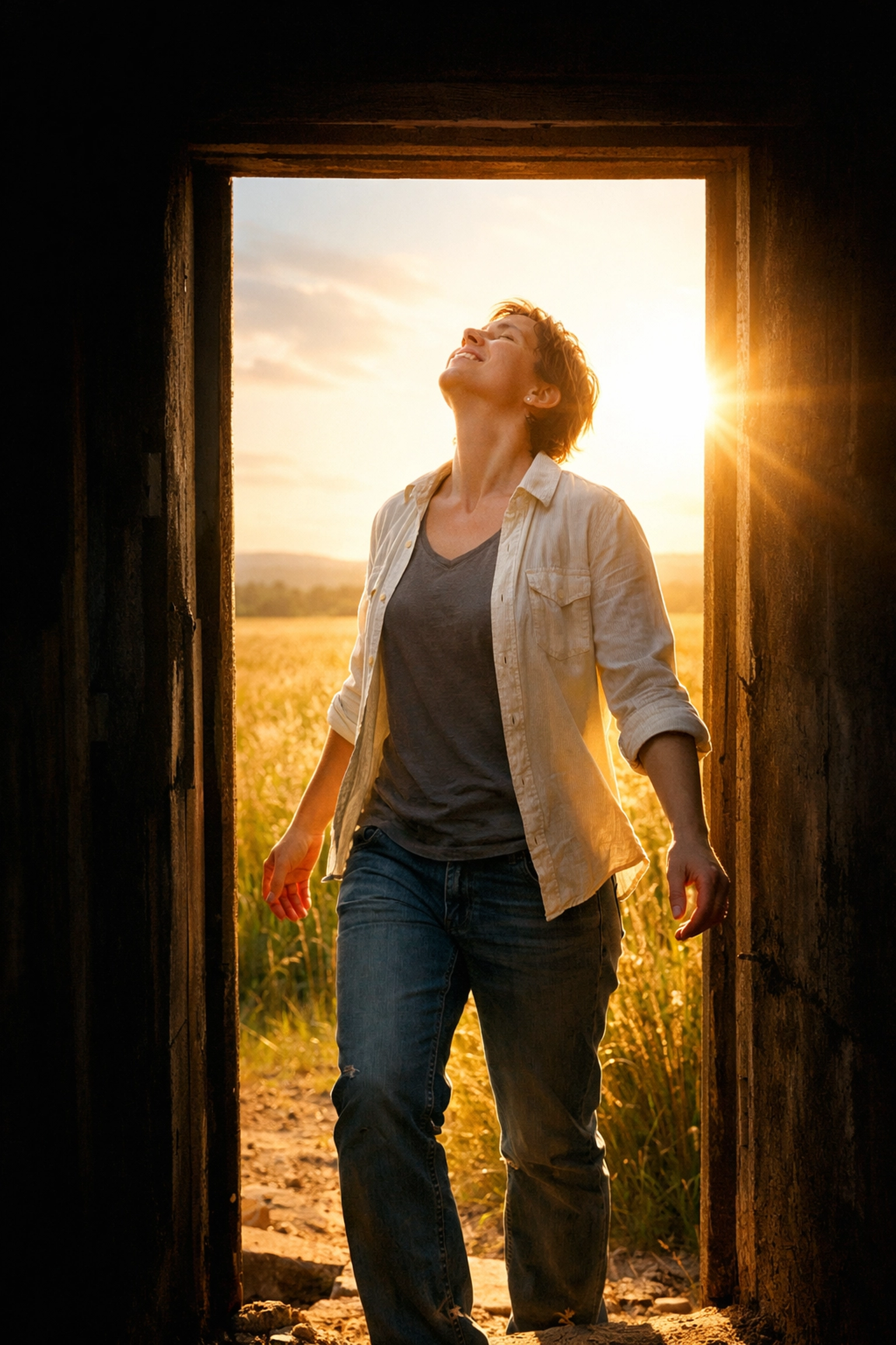 Person stepping into golden sunlight, representing spiritual freedom and Christian songs about faith.