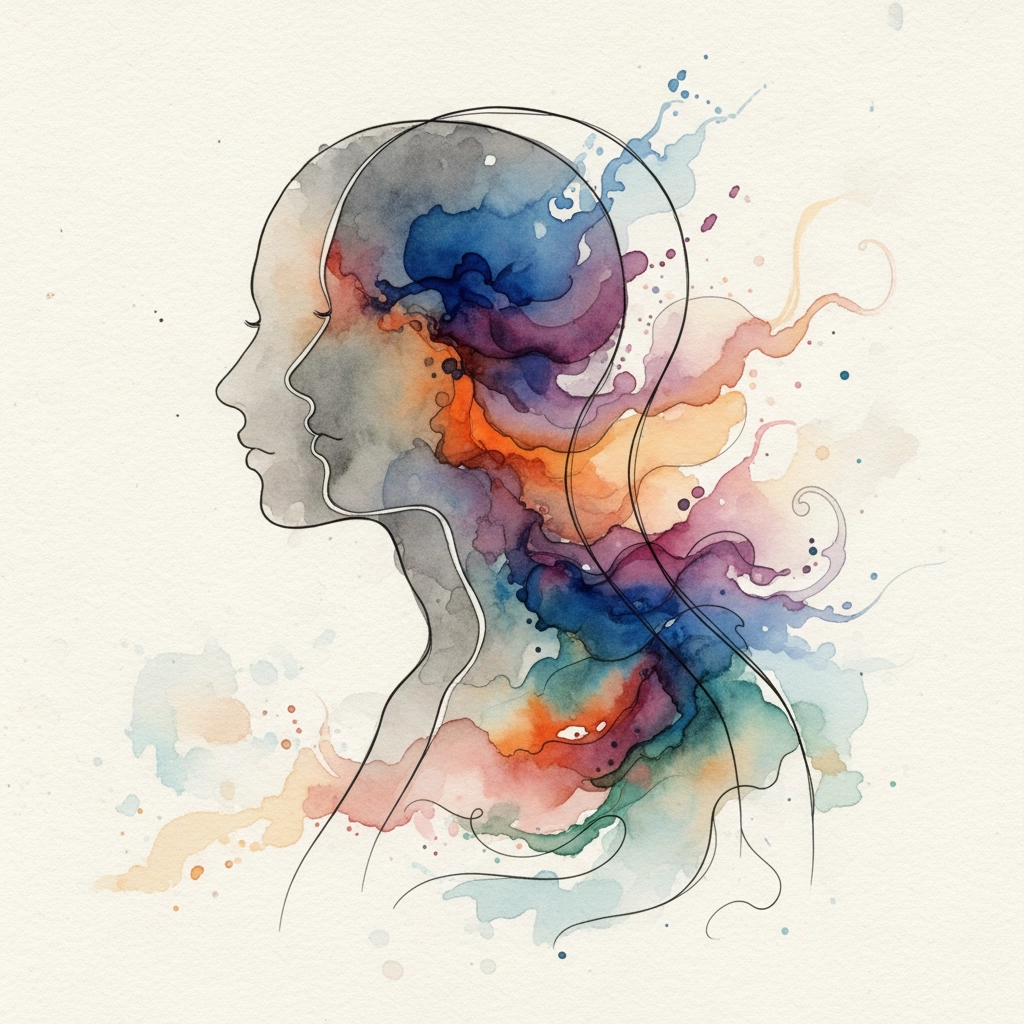 Abstract watercolor illustration of a human silhouette filled with flowing colors, symbolizing memory, emotion, and the creative process of transforming personal experiences into memoir storytelling.