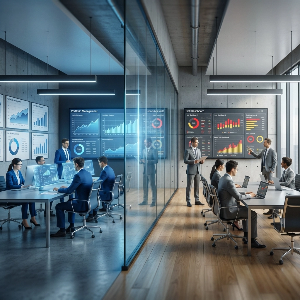 Two teams in a boardroom separated by glass, illustrating independent risk management in asset management.