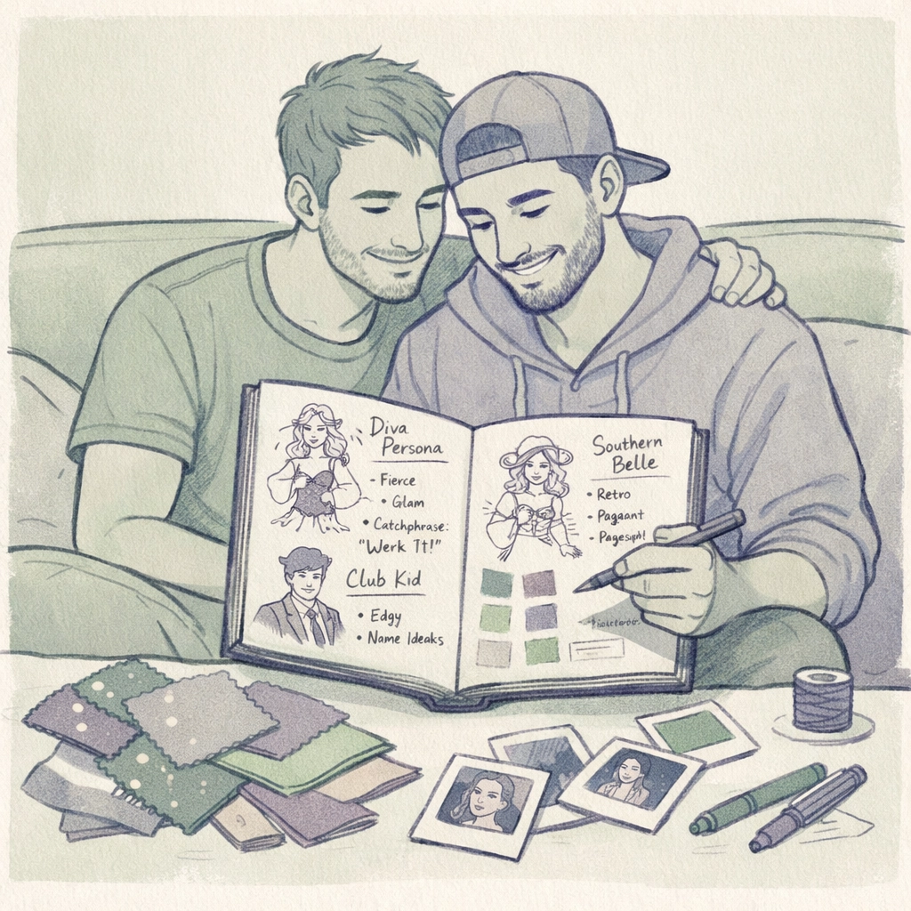 Two gay men planning drag persona together with sketches and costume ideas