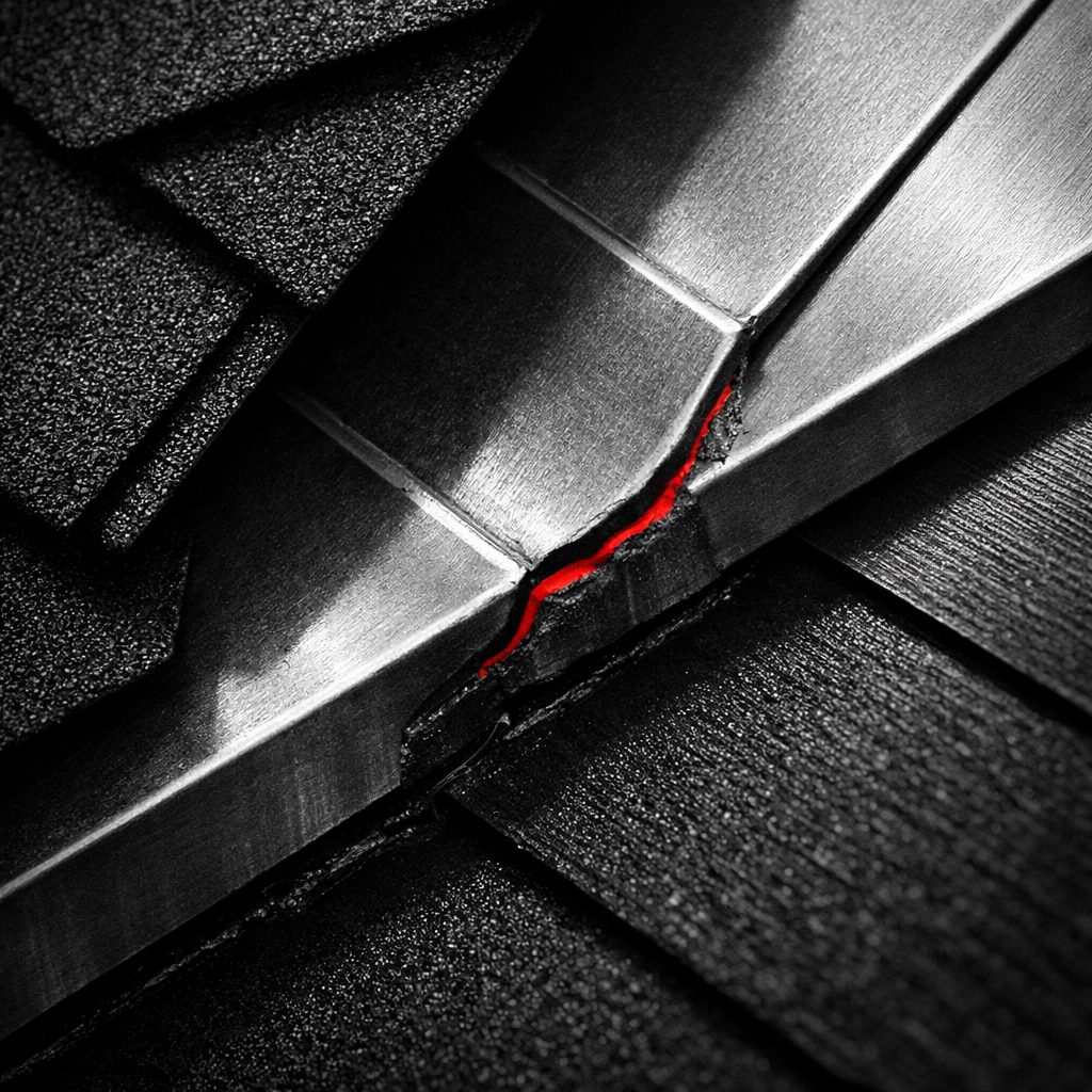 Close-up of roofing shingles and flashing showing thermal expansion stress on a Salisbury MD home.