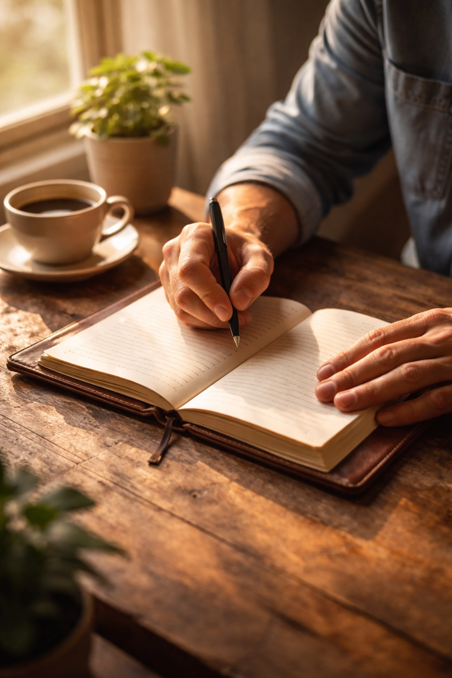 Férfi keze naplóba ír, reggeli napfényben, önreflexió és változás első lépéseinek szimbóluma