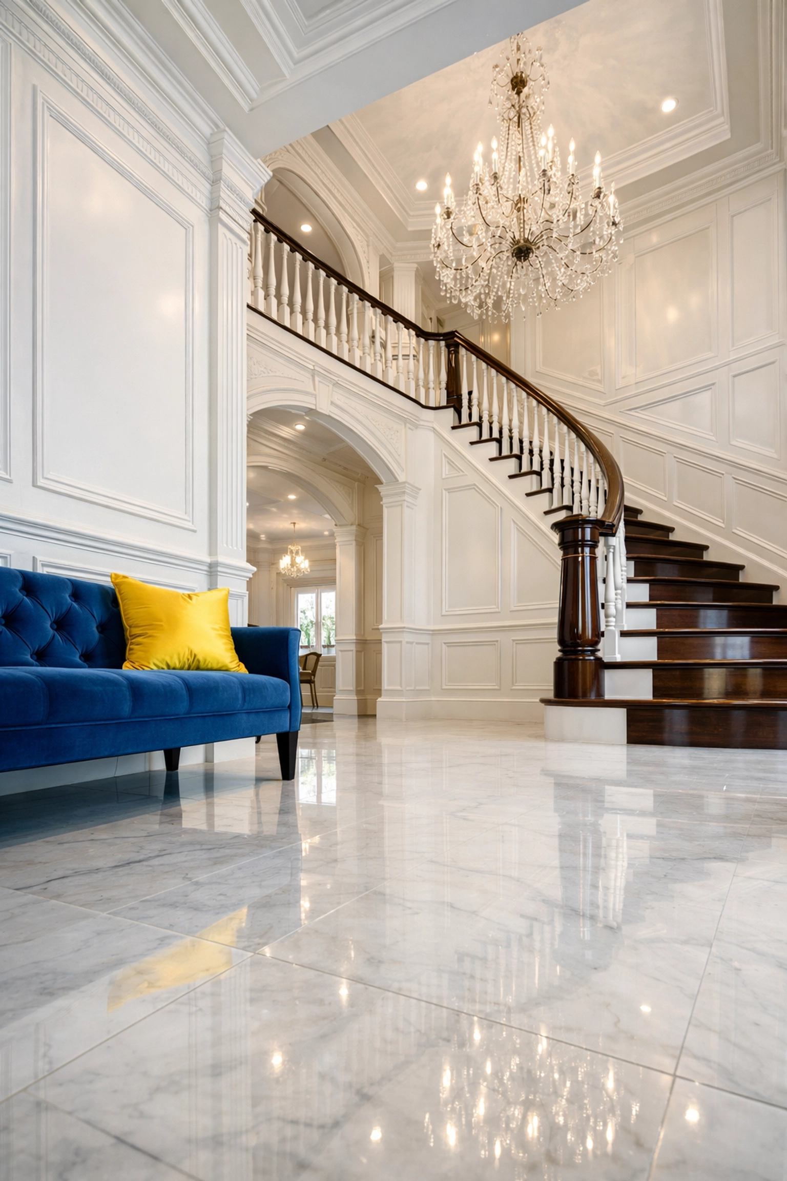 Pristine Hingham estate foyer with sparkling marble floors and dust-free moldings after professional luxury cleaning.