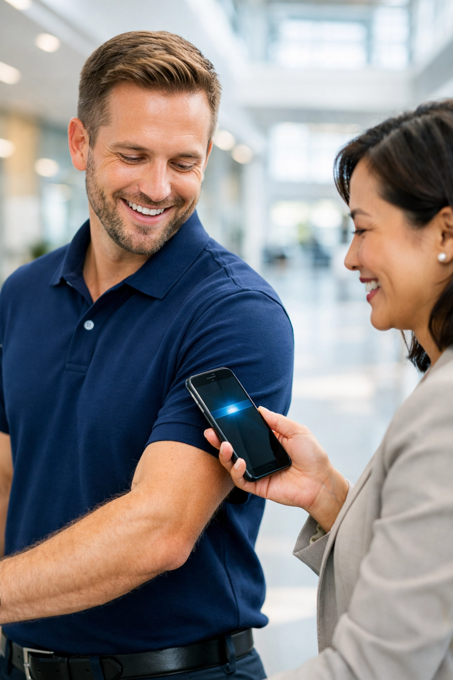 Colleagues using a smartphone to scan a smart navy polo shirt during a professional phygital networking event.