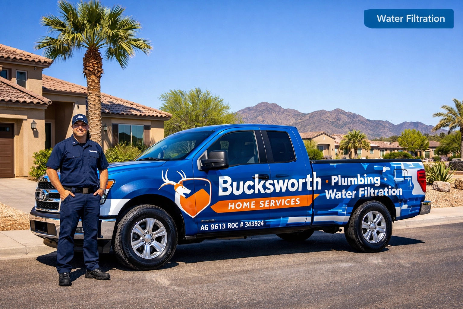 Bucksworth Home Services truck in a Laveen neighborhood ready for professional water filtration installation.