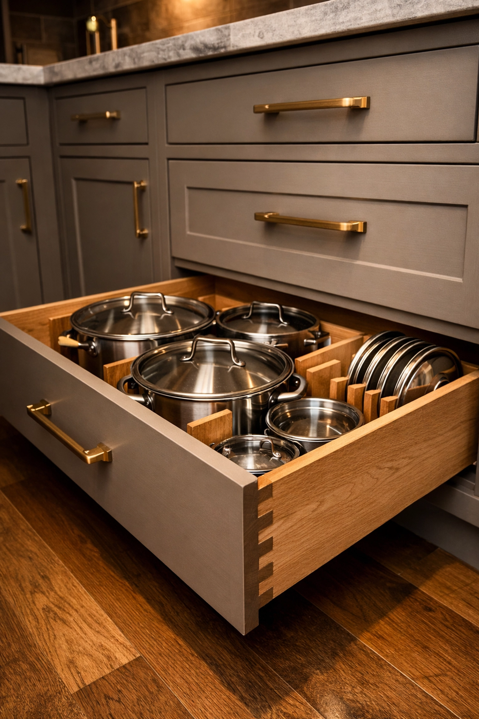 Organized deep drawer storage for pots and pans in a custom kitchen remodeling project in Bay Village.