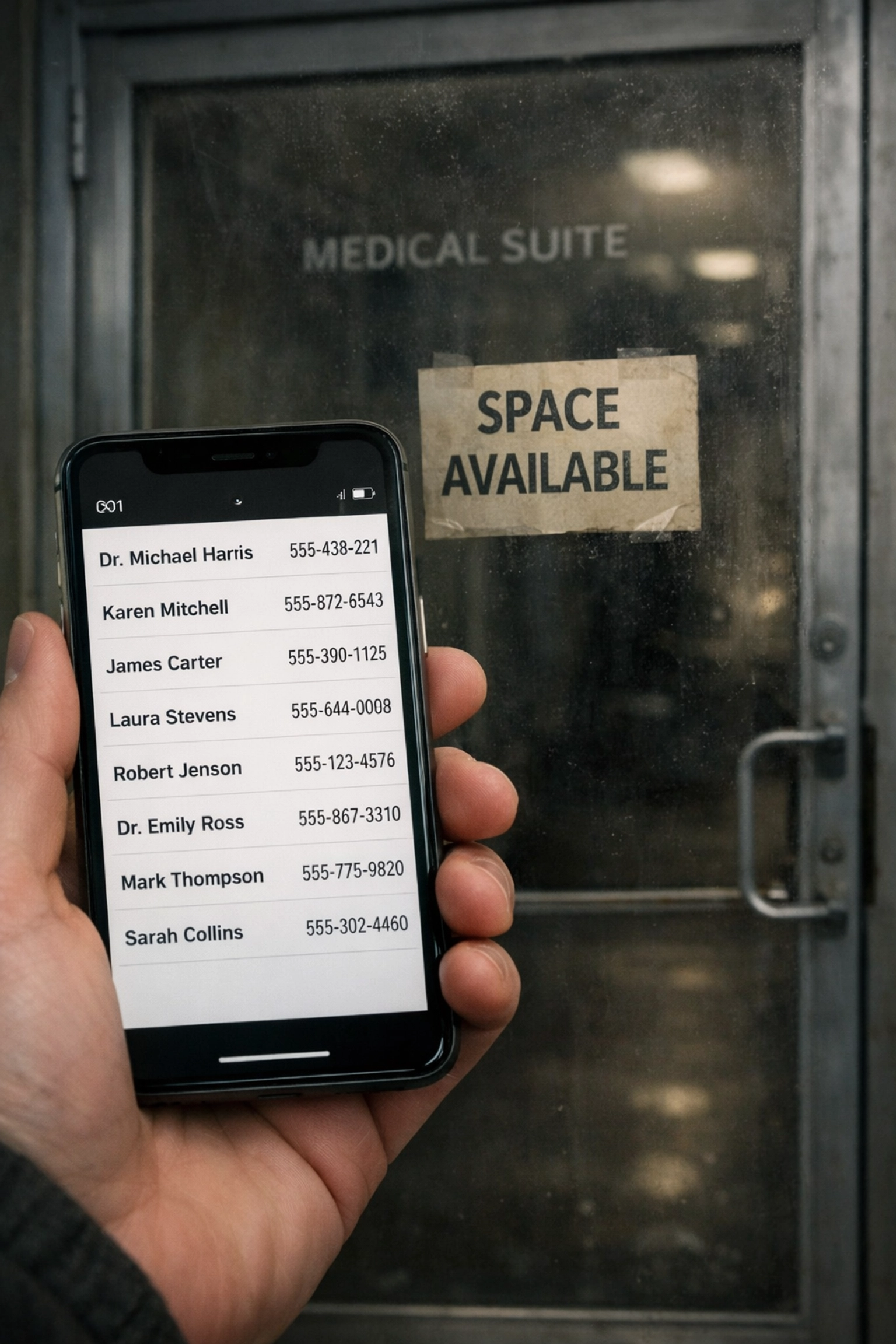 A patient using a health insurance directory on a smartphone in front of a vacant in-network doctor's office.
