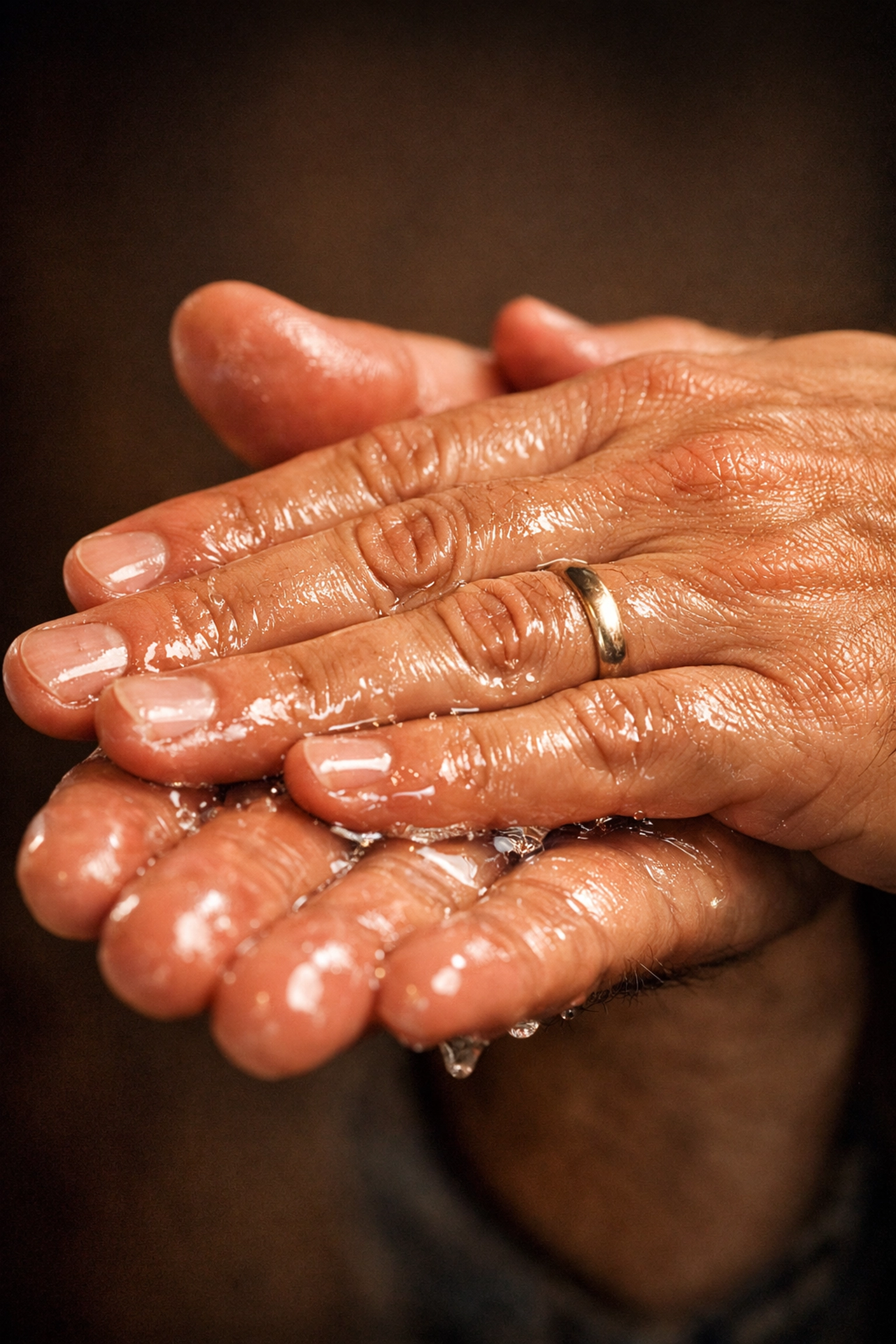 A man emulsifying beard wax between his palms to prepare for a smooth and clear application.