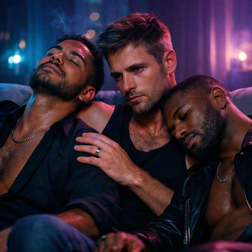 Three gay men in a moody, neon-lit room illustrating the intense and complex social dynamics of the urban chem-sex scene.