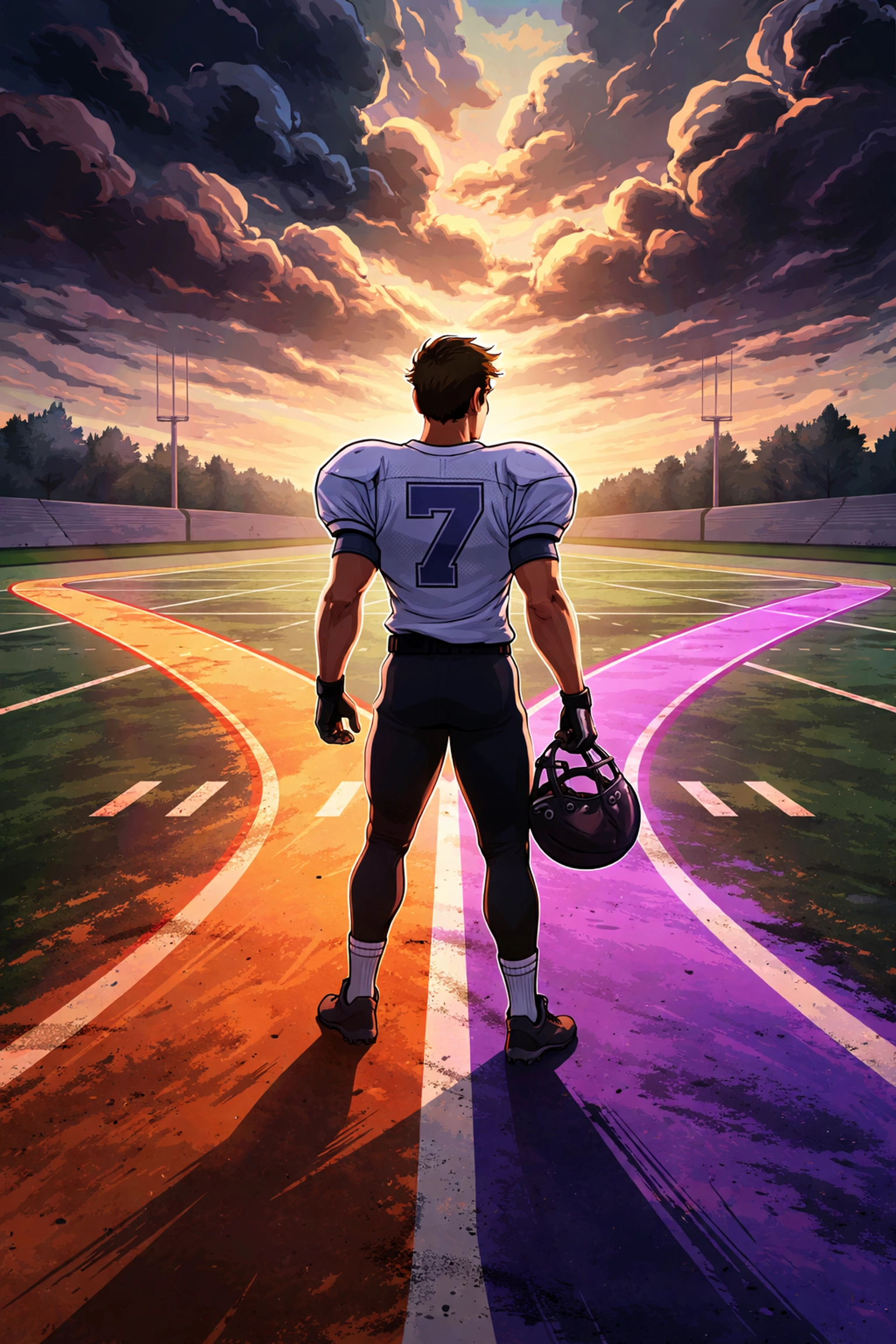 Young football player at a crossroads with orange and purple paths, representing tough decisions in athlete integrity.