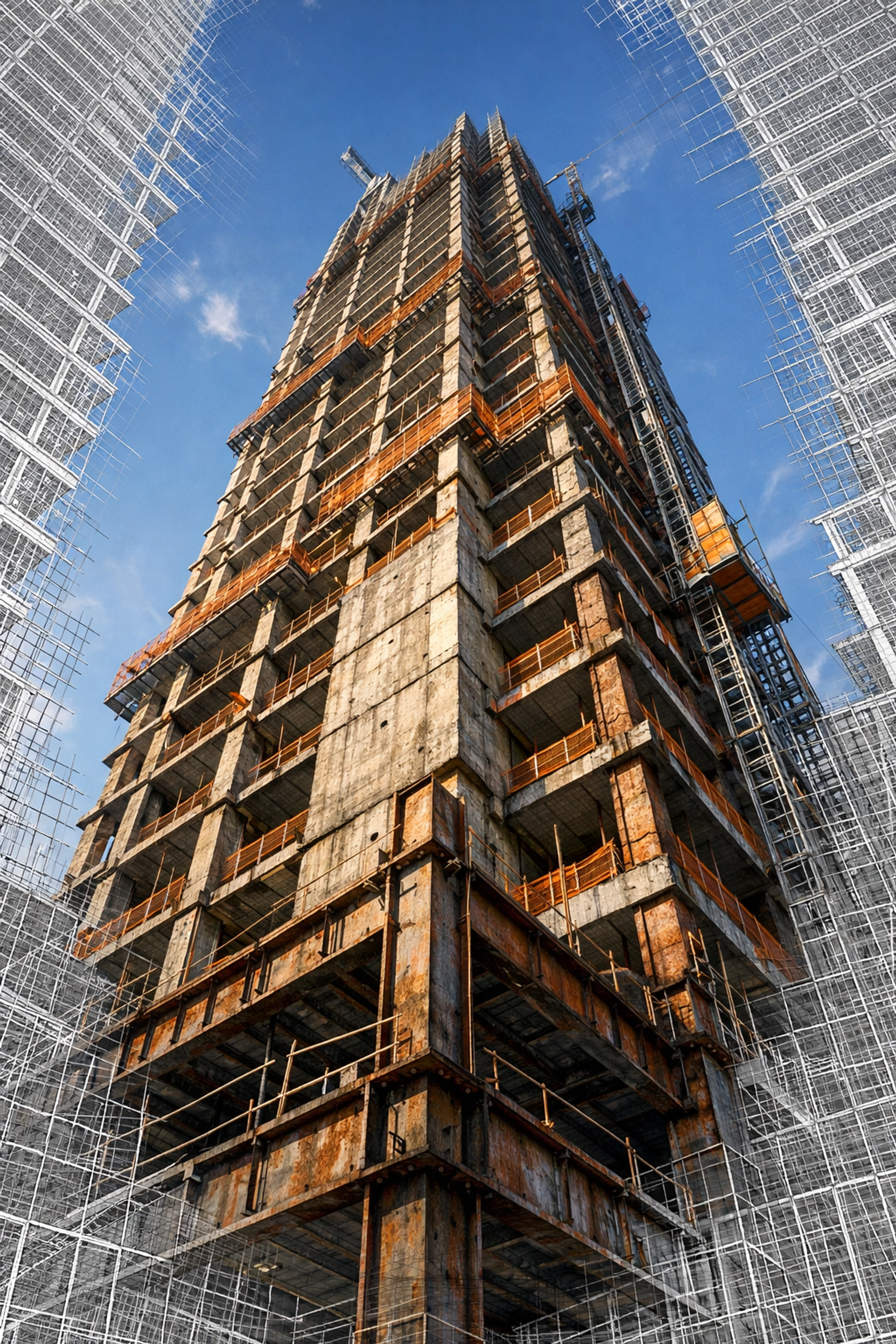 3D photogrammetry mesh of a skyscraper under construction showing realistic textures and wireframes.