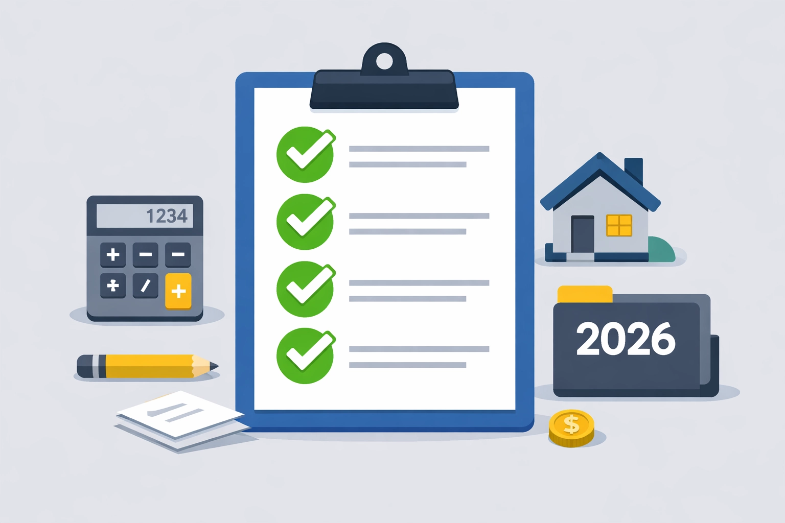 Organized tax preparation New Haven workspace with a checklist for 2026 tax filing and property tax icons.