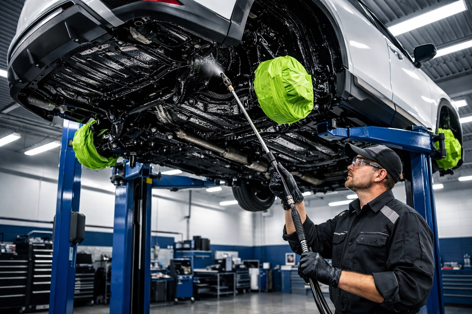 Professional car rust proofing application in a specialized workshop to prevent MOT failure.